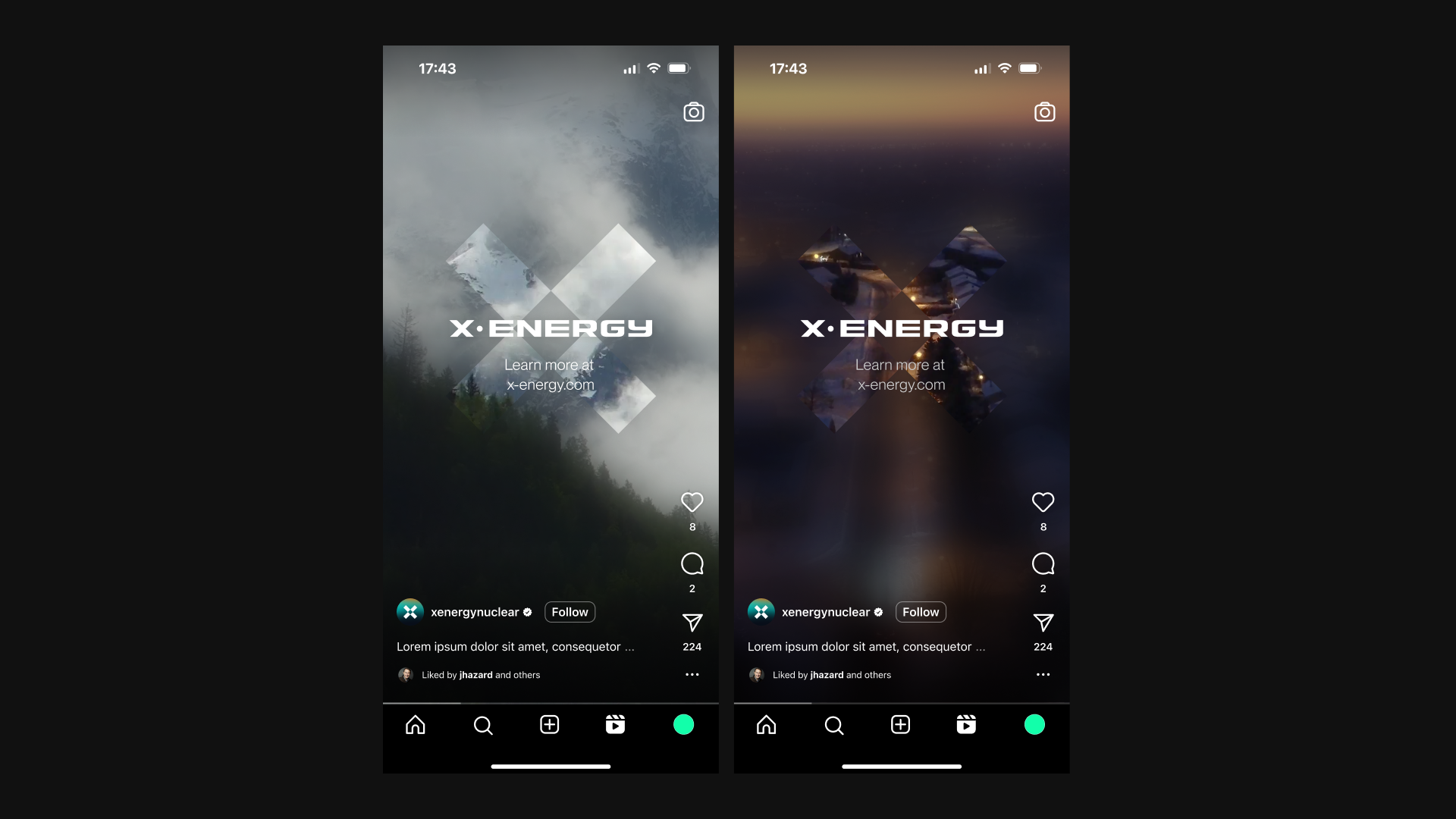Screenshots of a mobile app interface showing promotional content for X-Energy, with the left image displaying a misty mountain landscape and the right image showing a sunset over water, both featuring the X-Energy logo and website.