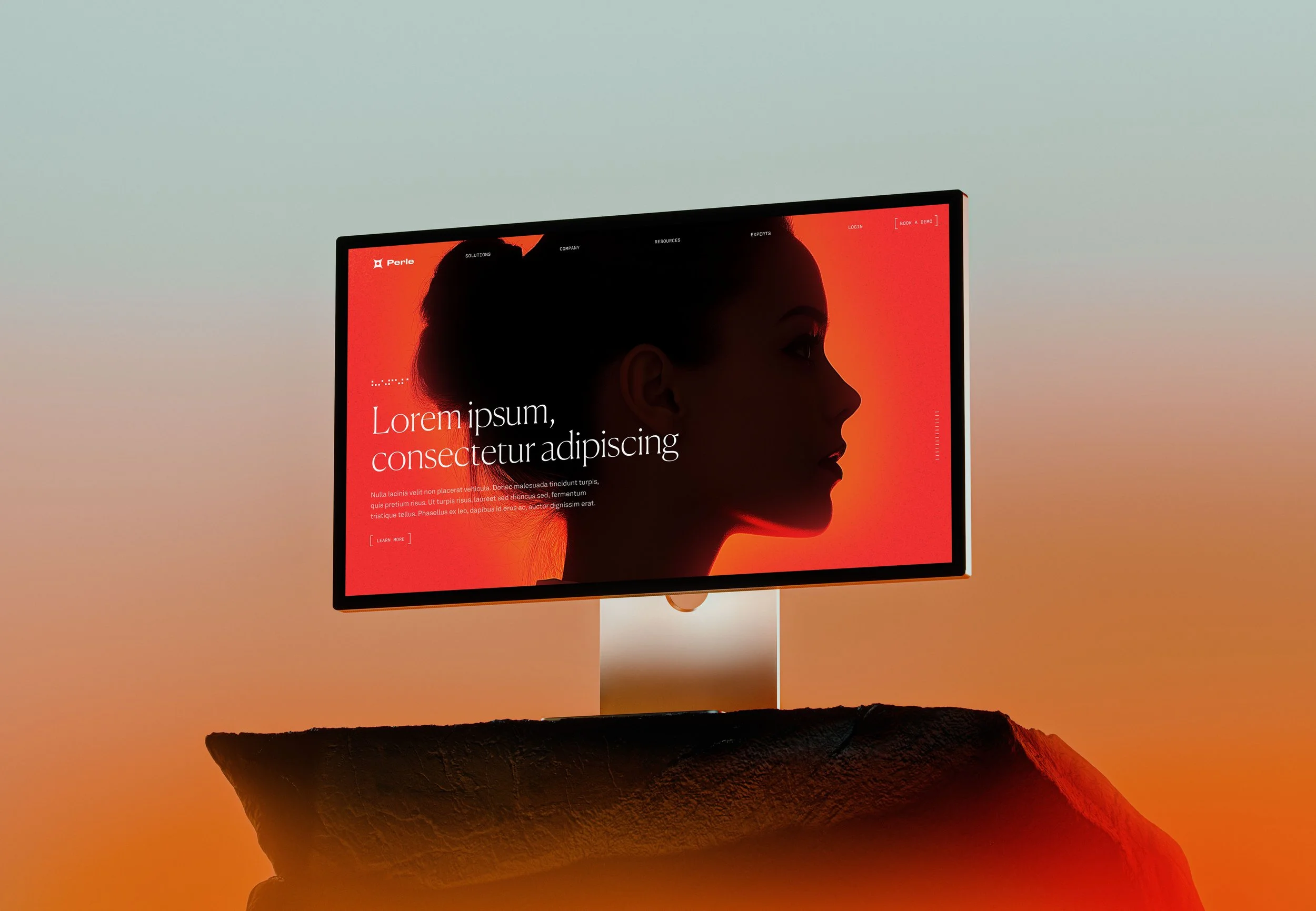 A computer monitor displaying a website with a profile silhouette of a woman's face against an orange and red background, mounted on a stand above a textured surface.