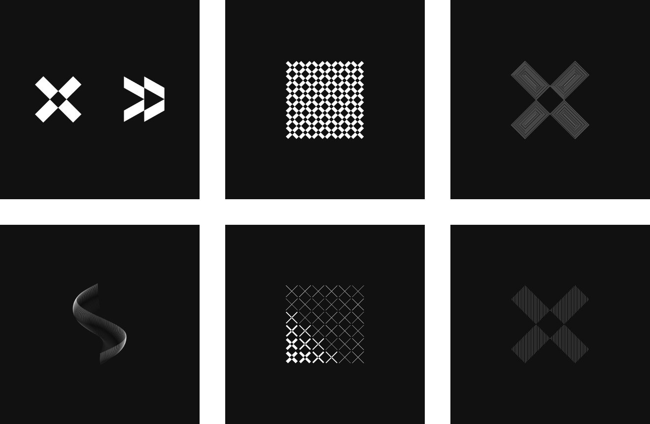 Six abstract black and white geometric designs arranged in a 2x3 grid on a black background.