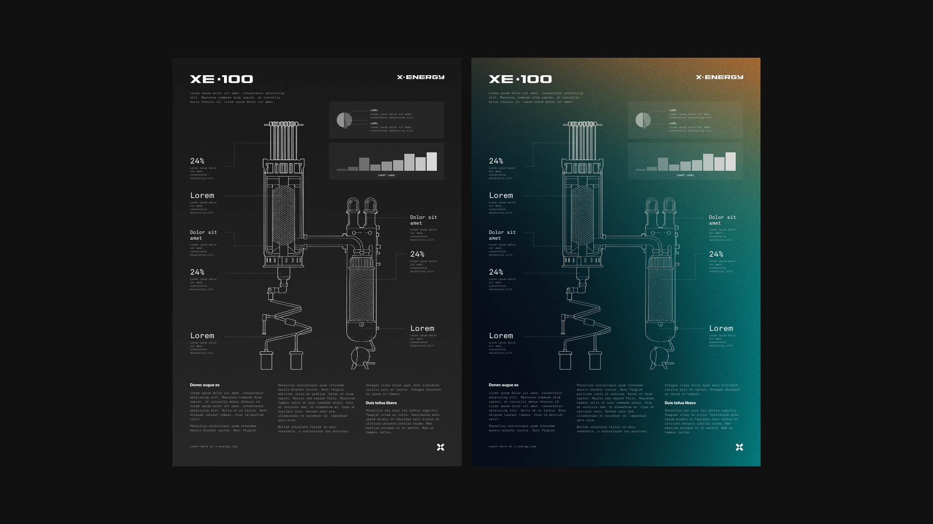 Infographic with technical diagram of a machine, split into two sections with different color schemes, showing labeled parts and data charts.