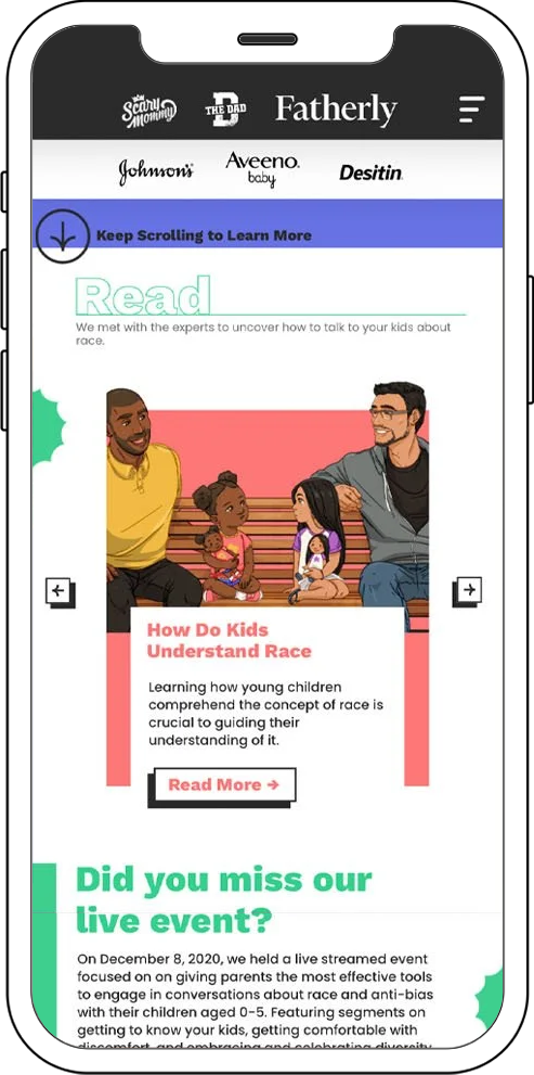 Screenshot of a mobile website page from Fatherly, featuring articles about race and parenting, with a video or slideshow navigation, a 'Read More' button, and a section about a past live event for parents.