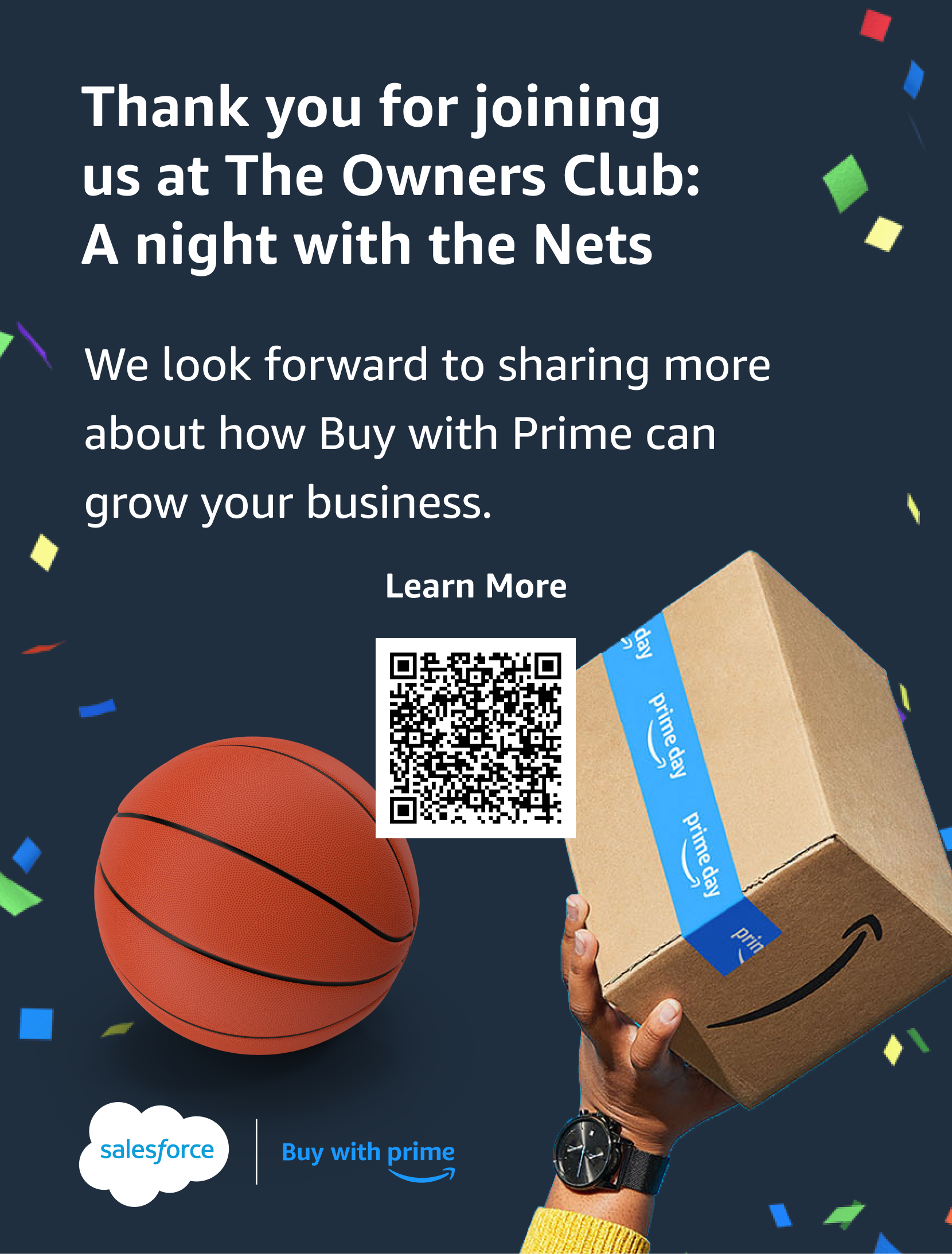 Thank you message for The Owners Club event with a basketball, Amazon Prime box, QR code, Salesforce logo, and confetti on a dark blue background.