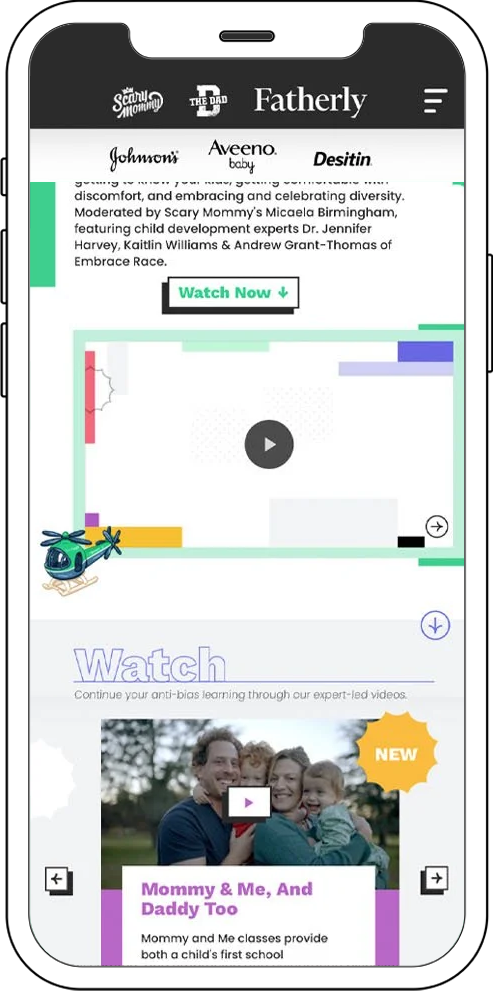 A mobile phone screen displaying a website with videos about parenting and family education, including a play button, text, icons, and a family photo.