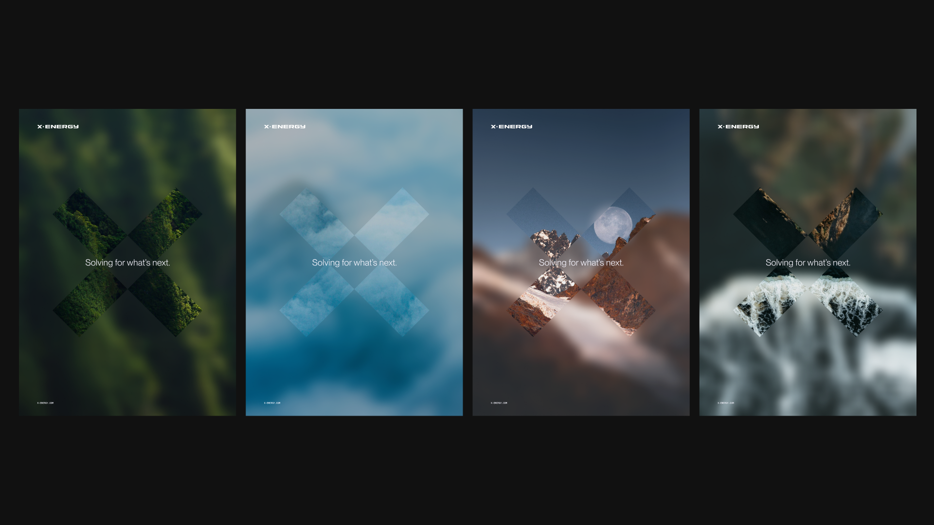 Four X-energy digital advertisement posters, each with a background of natural landscapes and a central 'X' design, with the tagline 'Solving for what's next.'