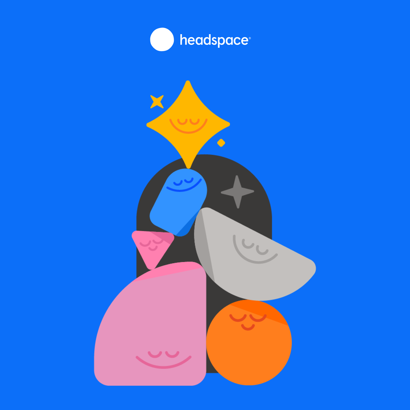 Colorful abstract illustration featuring smiling shapes of various colors and sizes, set against a blue background with the Headspace logo at the top.