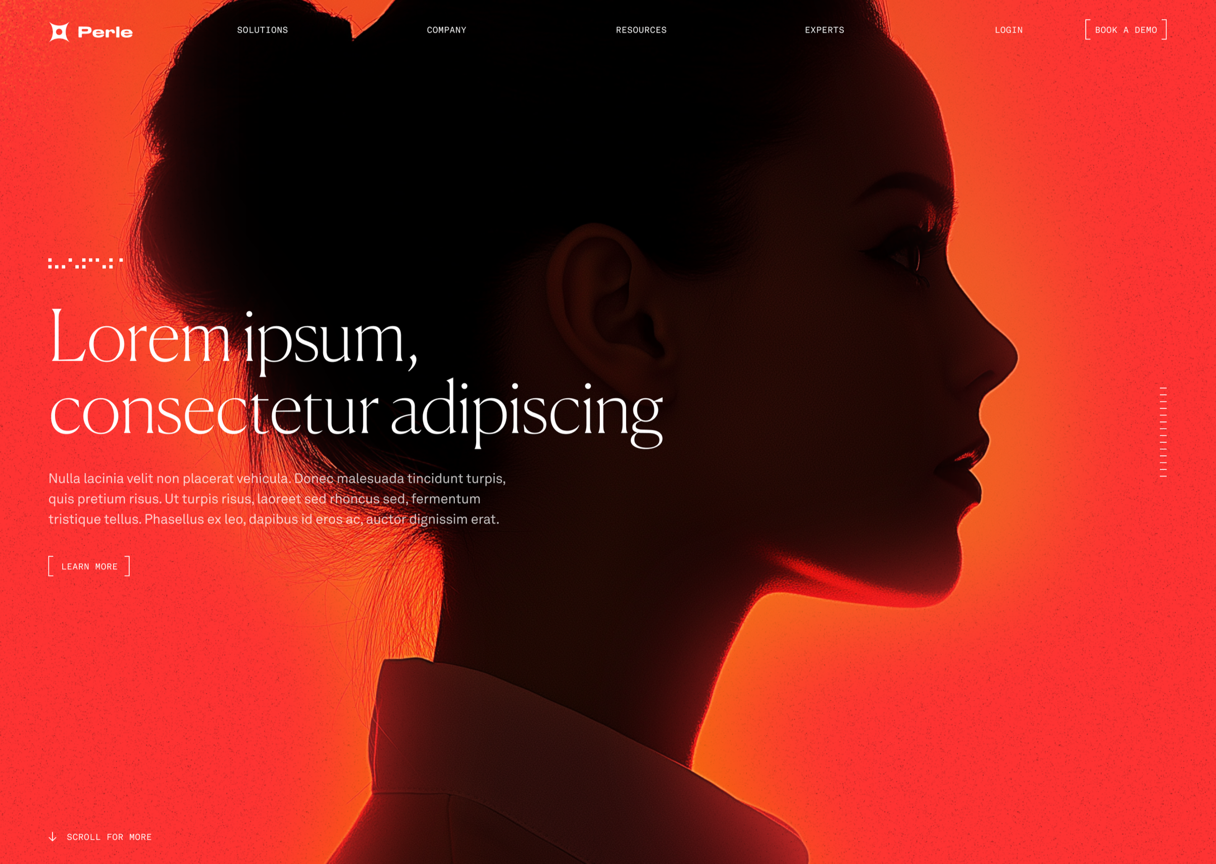 A profile silhouette of a woman with a high bun hairstyle, against a vibrant orange and red gradient background, with website navigation elements at the top and some text overlay on the left side.