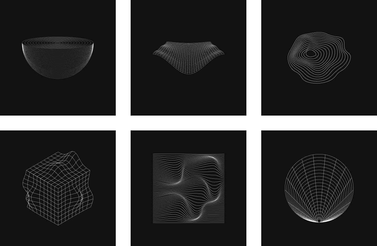 Six minimalist digital wireframe 3D models arranged in a grid on a black background, including a half-sphere, a saddle surface, a contour plot, a cube with irregular edges, a flowing contour pattern, and a hemispherical grid.