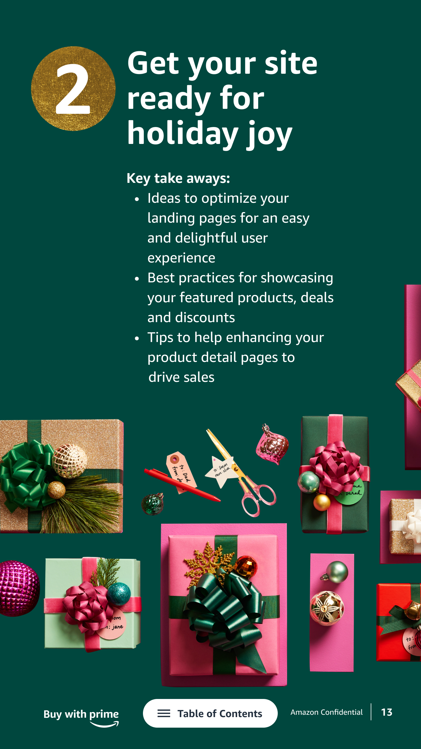 Decorated holiday gift boxes and wrapping supplies with ornaments and ribbons on a green background, part of a holiday-themed page.