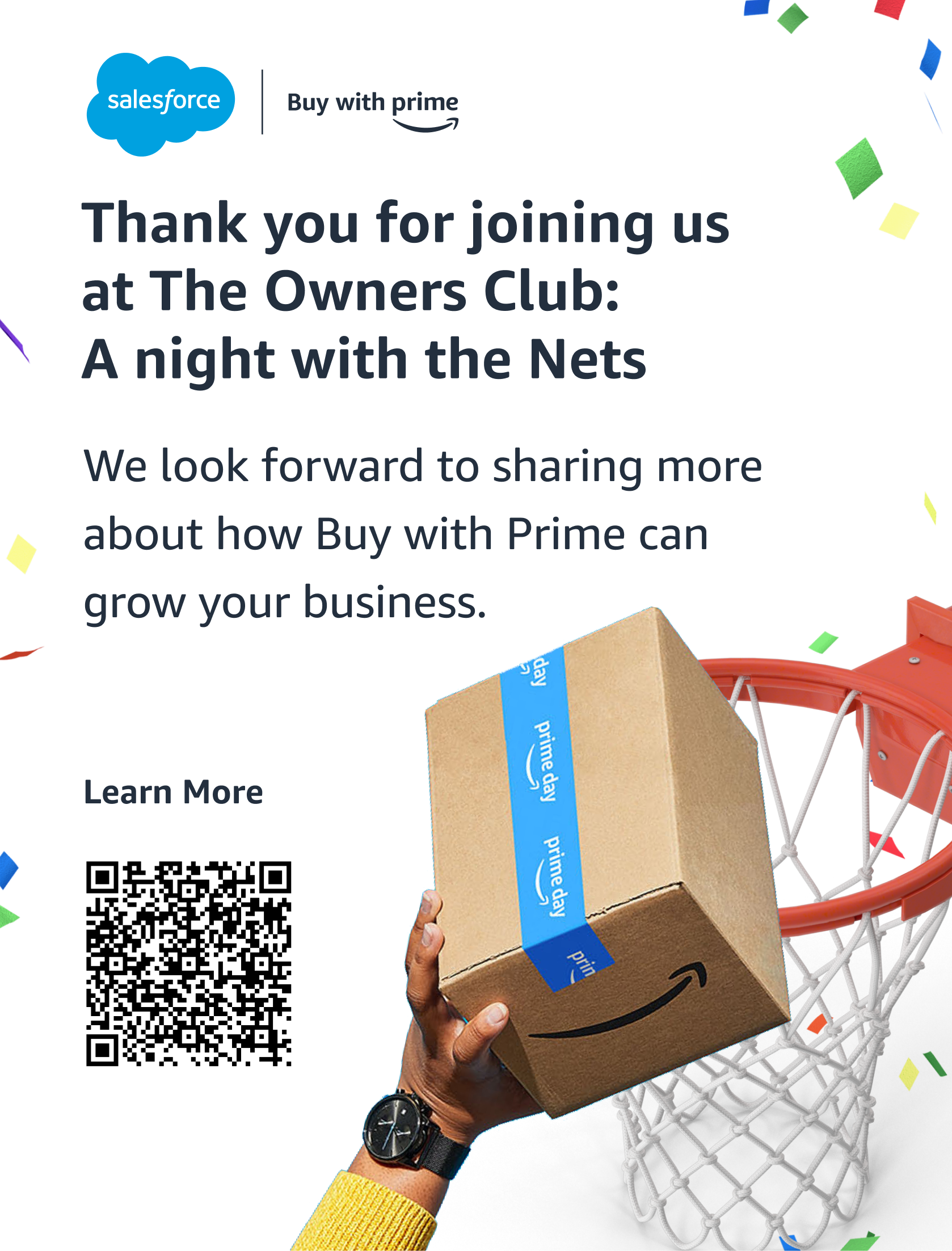 Thank you for joining us at The Owners Club: A night with the Nets advertisement, featuring a hand holding a cardboard box with Amazon Prime tape, a basketball hoop, and colorful confetti.