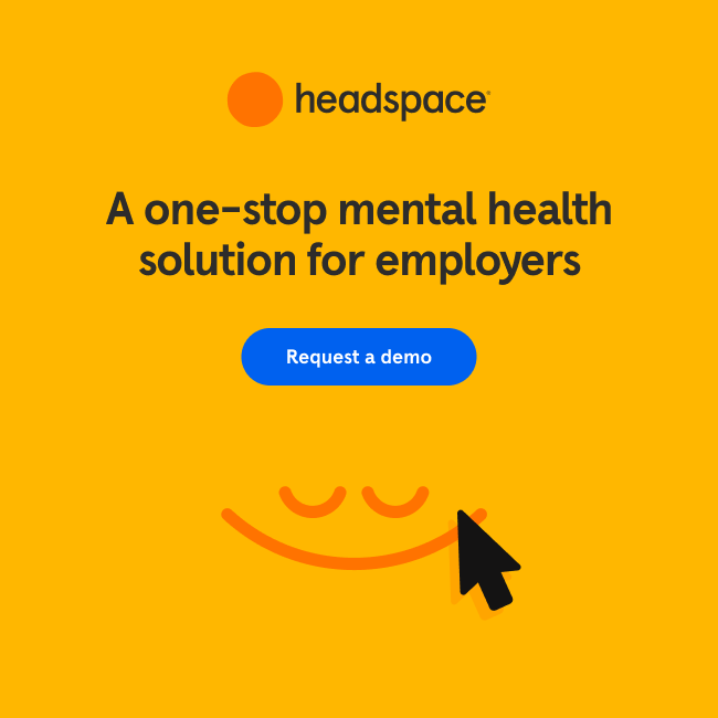 Bright orange background with a logo of a yellow circle and black text reading "headspace". Bold black text states "A one-stop mental health solution for employers." A blue button labeled "Request a demo" is below. At the bottom is a yellow smiley fa