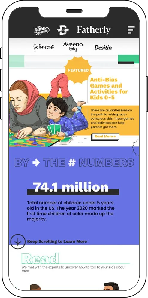 Screenshot of a website page about anti-bias games and activities for kids aged 0-5, featuring an illustration of a woman and a child playing a board game, with statistics about children under 5 in the U.S.