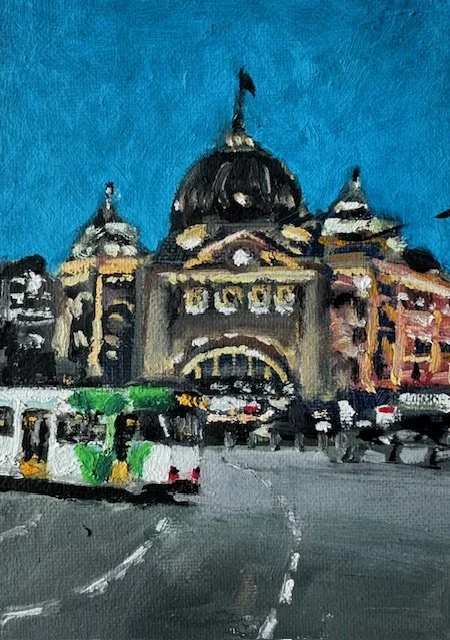 Flinders St Station  early evening 5x7 Oil on Canvas