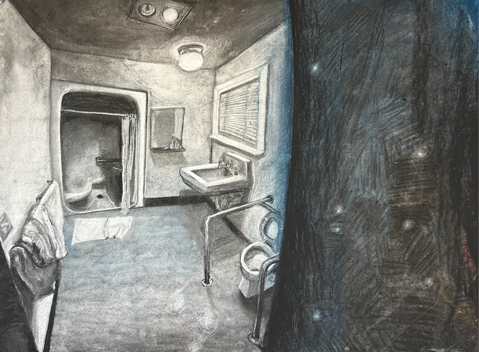 Silent Retreat,  22" x 30"  vine charcoal and pastel on paper  2025