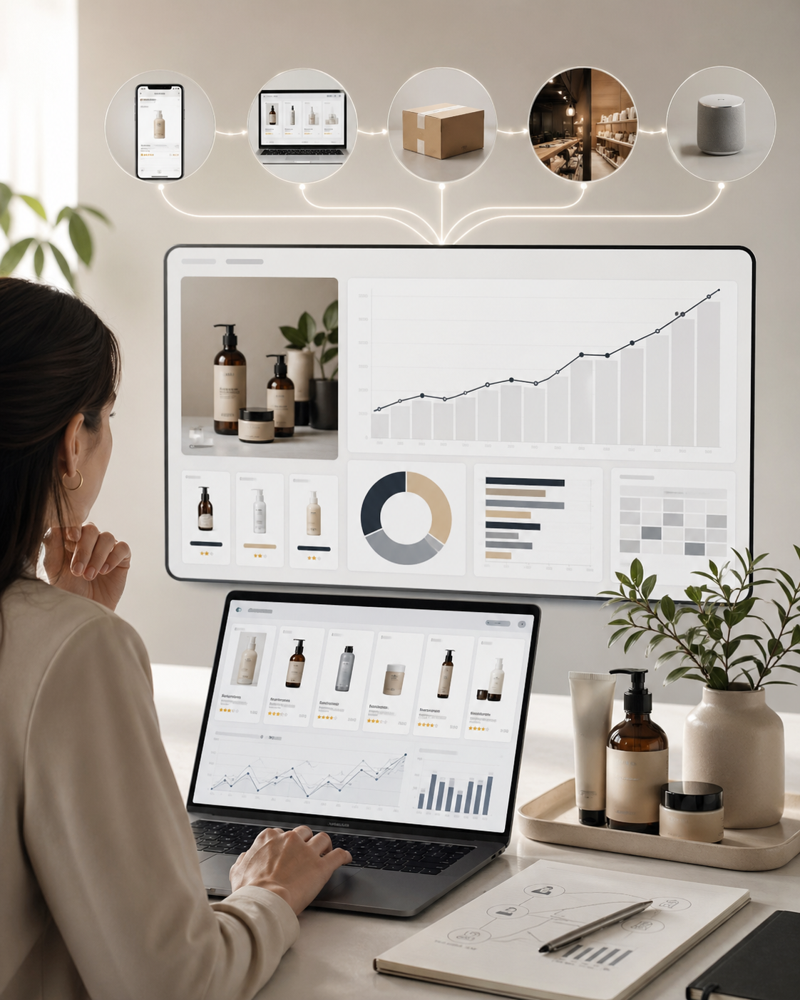 Girl reviewing e-commerce analytics and retail media performance on a laptop in a modern office, representing omnichannel growth strategy across multiple sales platforms.