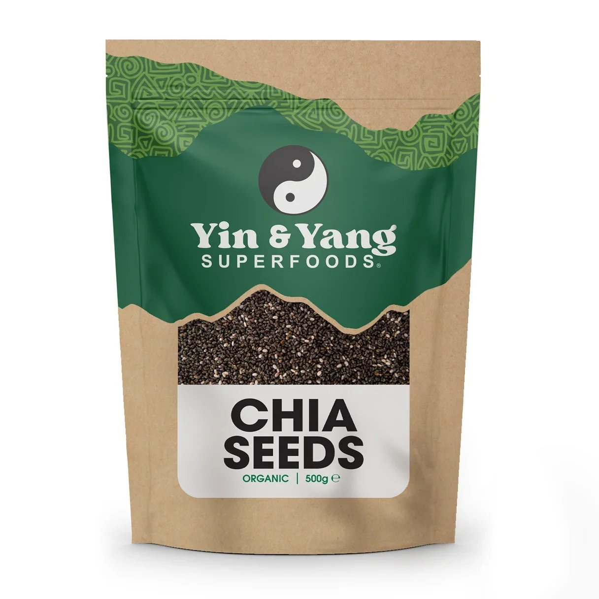 Yin & Yang Superfoods organic chia seeds 500g kraft pouch with a green mountain pattern and yin yang logo