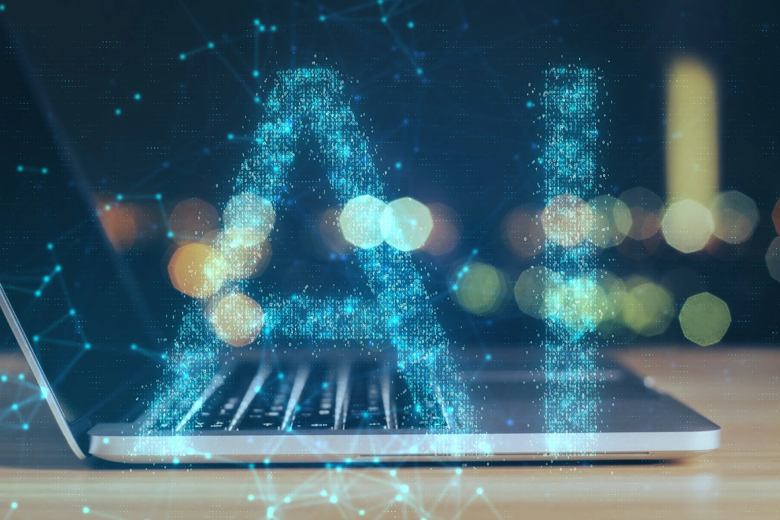 Laptop keyboard with a glowing digital "AI" made of binary code and network nodes rising above it, blurred city lights in the background