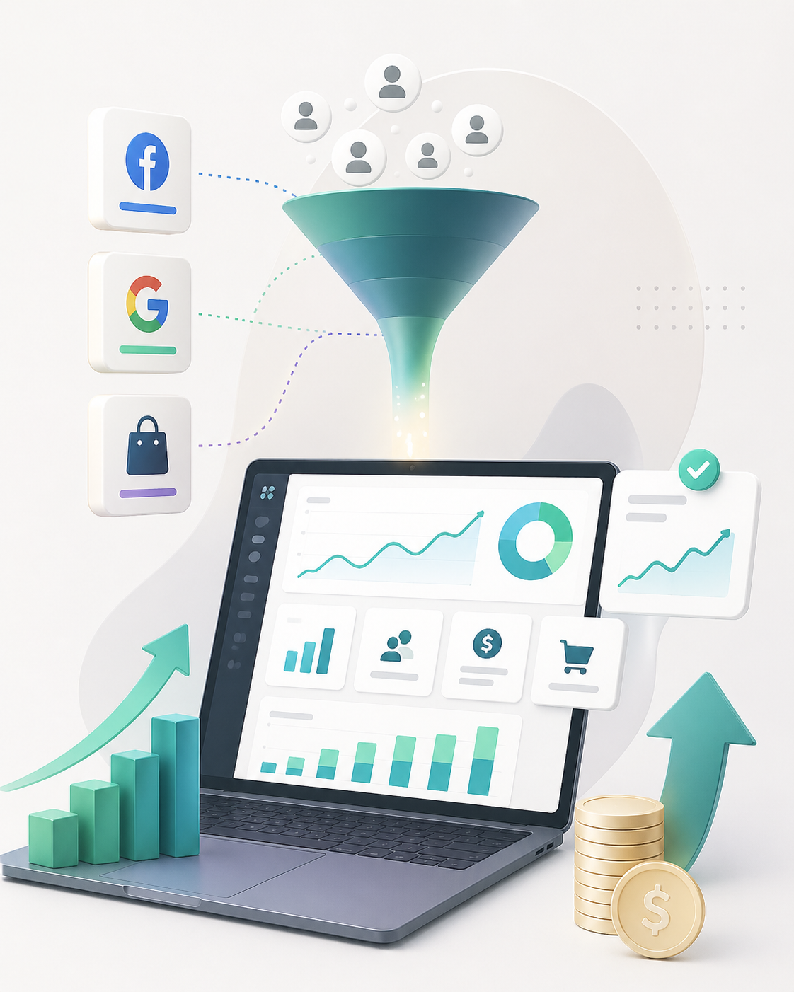 Illustrated performance marketing dashboard with a sales funnel, growth charts, audience icons, and revenue symbols, showing full-funnel digital growth.