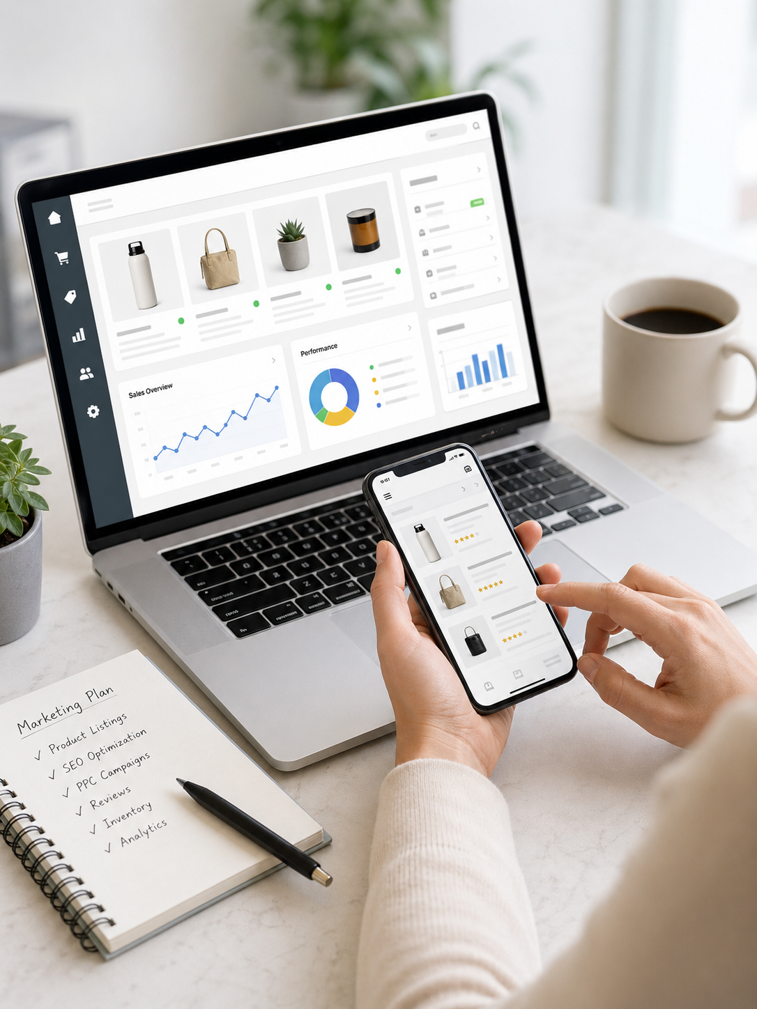 Laptop with product dashboard and smartphone storefront in use at a modern desk, illustrating Amazon marketplace management, listings, and performance tracking.