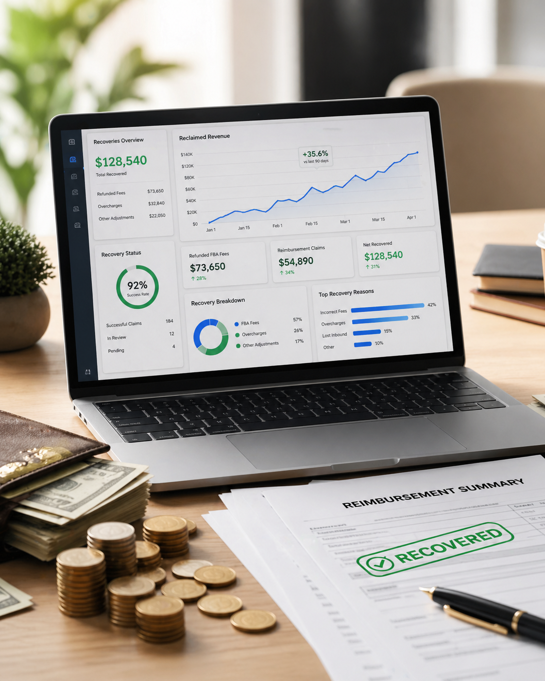 Financial dashboard on a laptop with cash, coins, and documents on a desk, illustrating recovered revenue and Amazon reimbursement analysis.