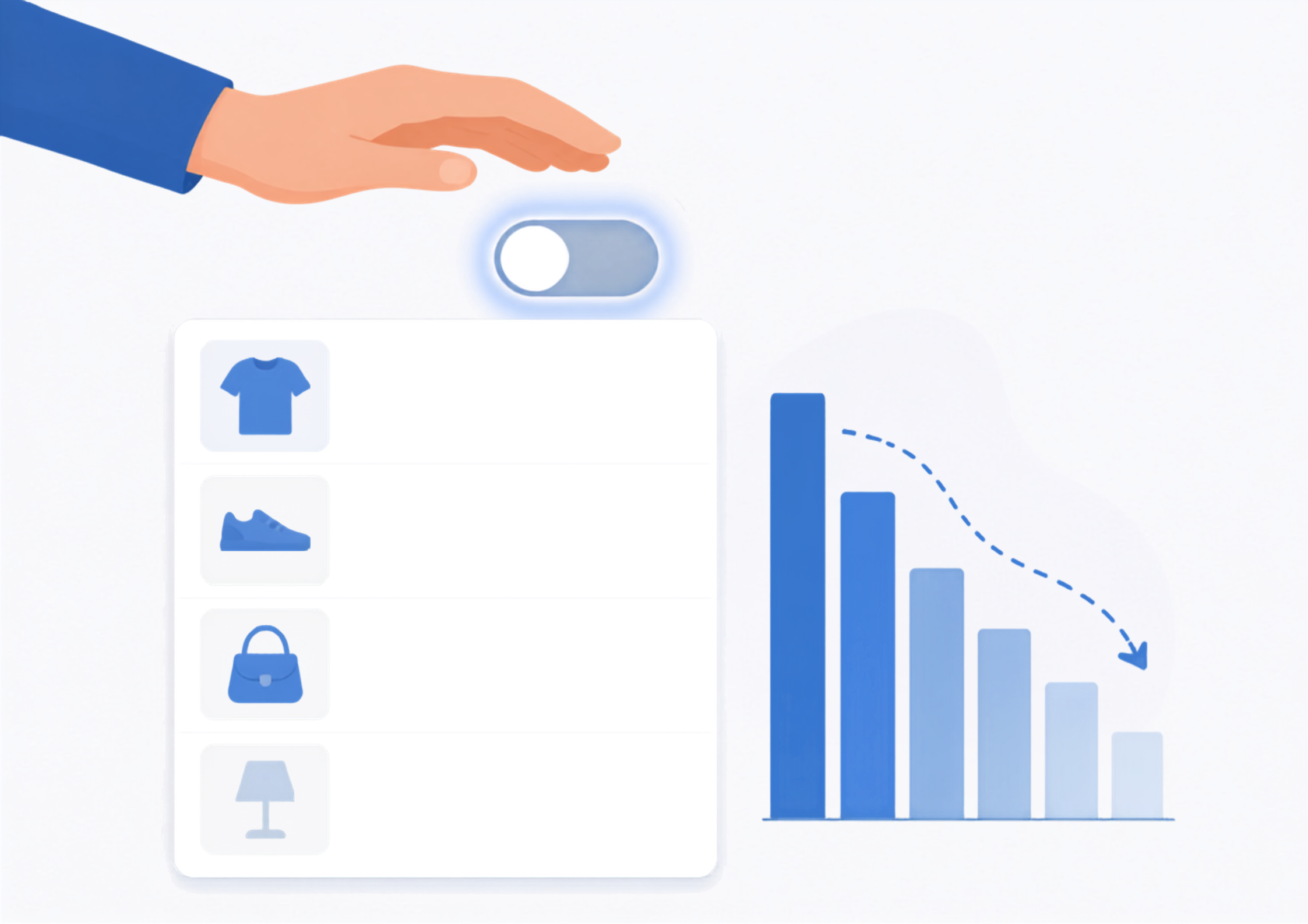 Illustration of a hand hovering over an "ads off" toggle switch above a product listing, with a bar chart beside it showing declining ranking after the switch is flipped.