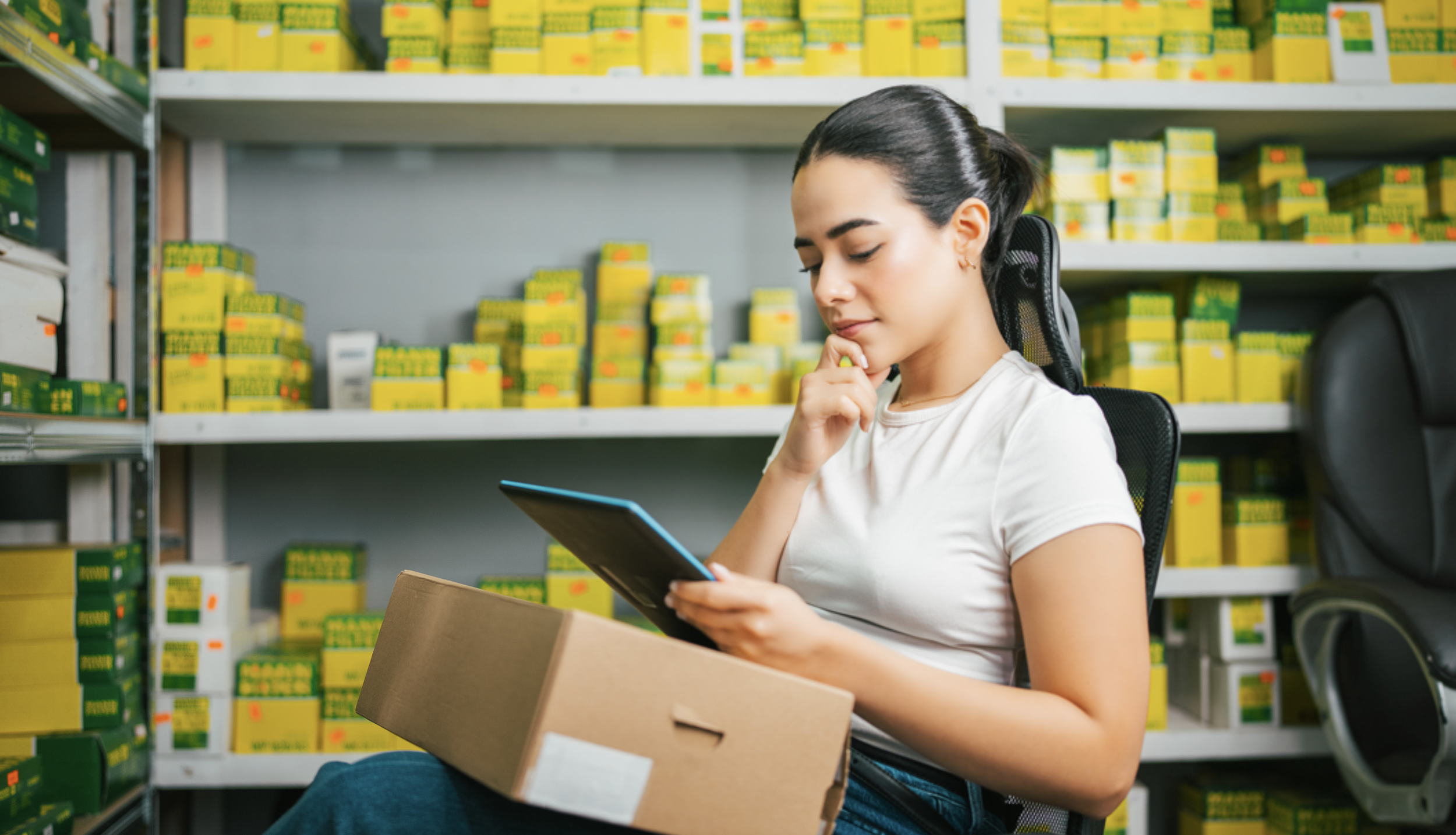 Seller reviewing a product title on a tablet while holding an inventory box in a warehouse