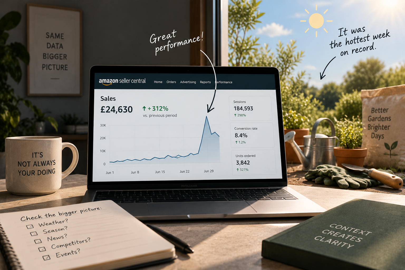 Laptop showing an Amazon Seller Central sales dashboard with a sharp spike, next to a sunny garden view, a notebook checklist of external factors, and a mug reading "It's not always your doing."