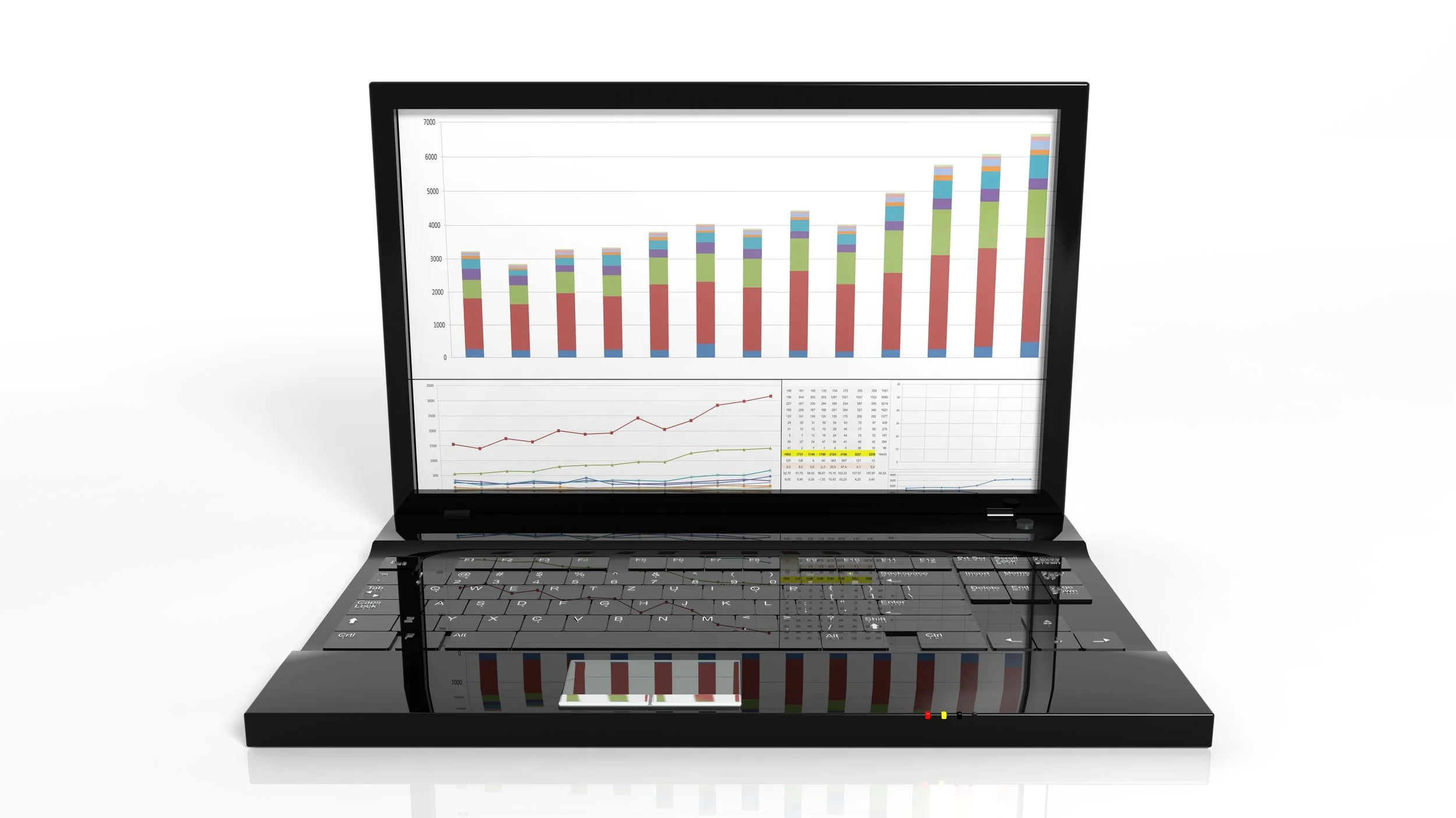 Open laptop displaying rising sales bar charts, line graphs, and a spreadsheet with data on screen.