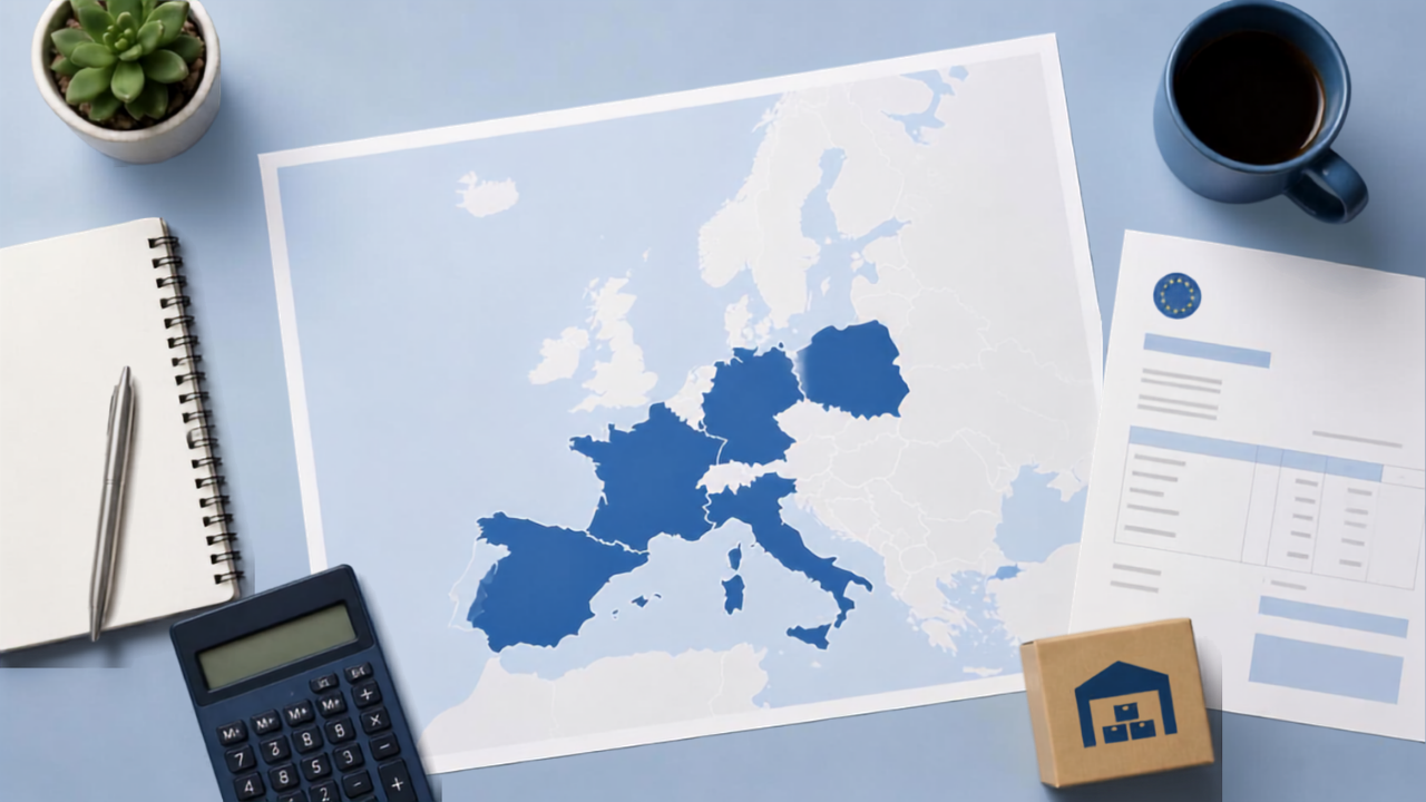 Flat lay desk scene with a map of the EU highlighting five countries (France, Germany, Poland, Italy, Spain) in blue, next to a VAT invoice, calculator, notebook and a warehouse icon box.
