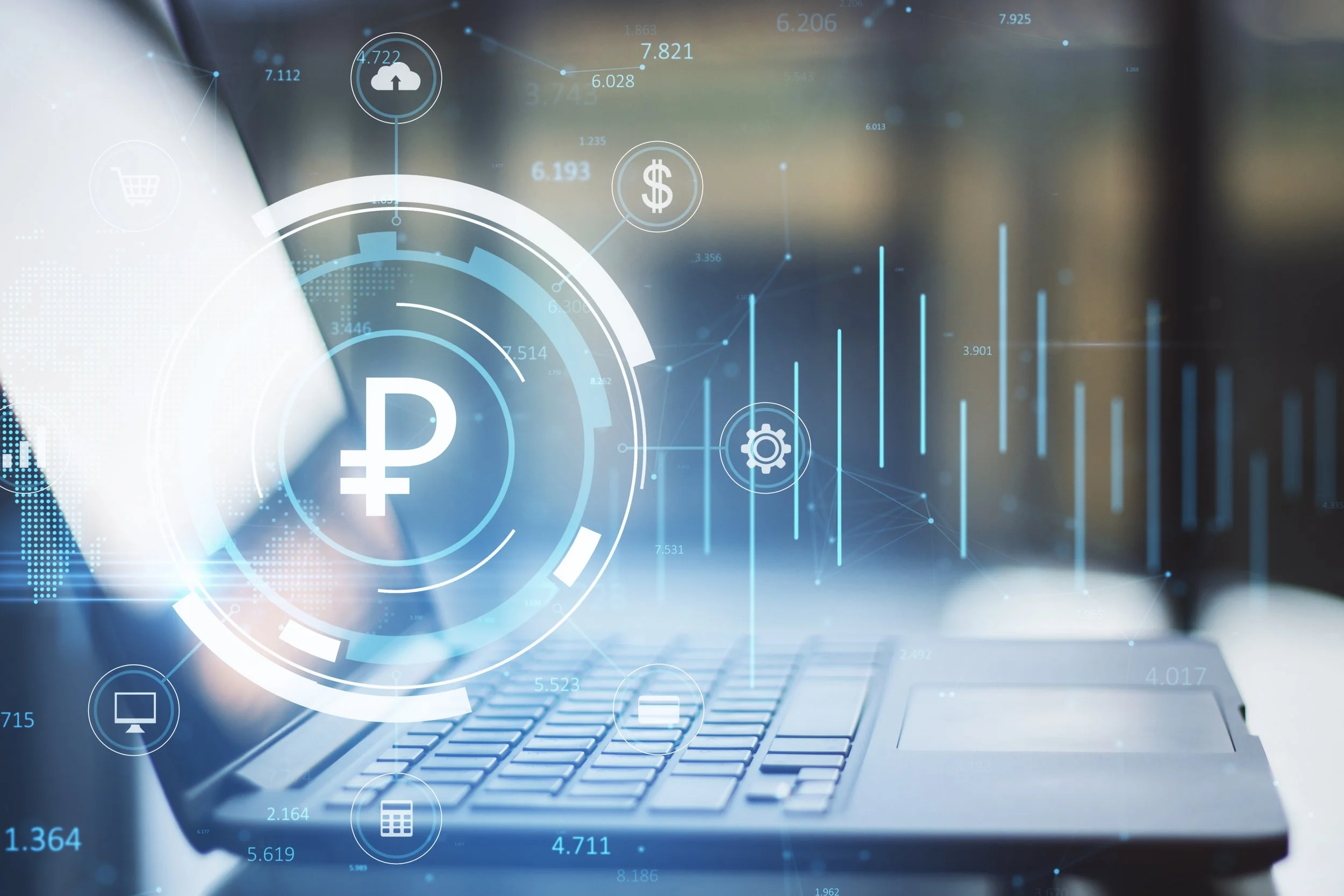 Close-up of hands typing on a laptop with a digital overlay of a currency symbol, gears, and rising bar chart data representing dynamic pricing.