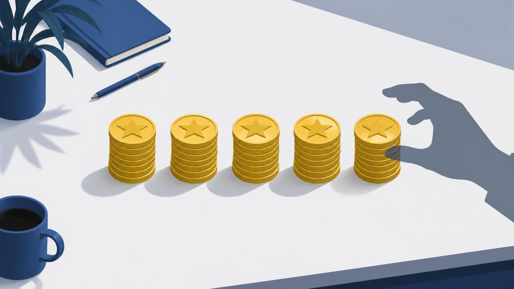 Five stacks of gold star-marked coins on a desk, representing a five-star review rating, with a shadowy hand reaching toward them to take one away