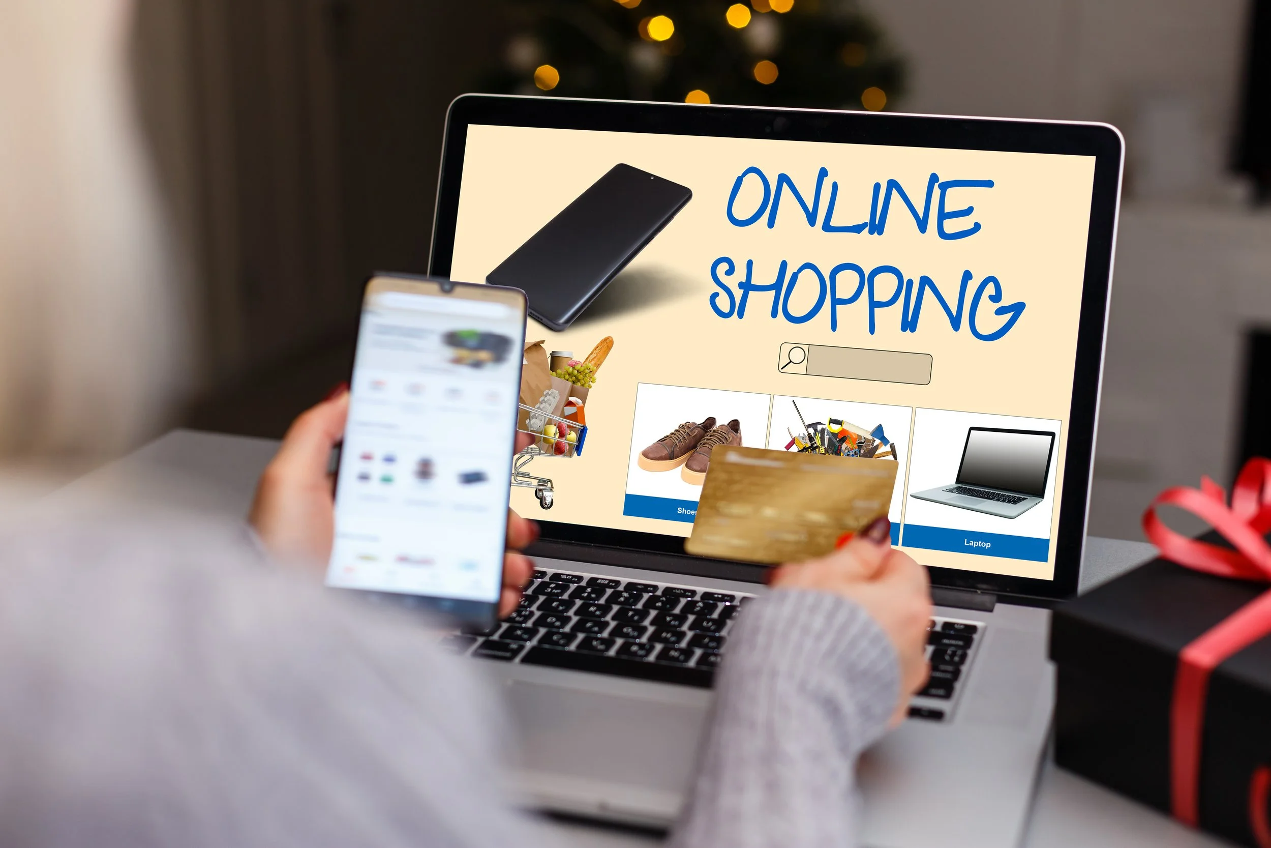 Shopper browsing on both phone and laptop, illustrating how customers shop across multiple channels, not just one
