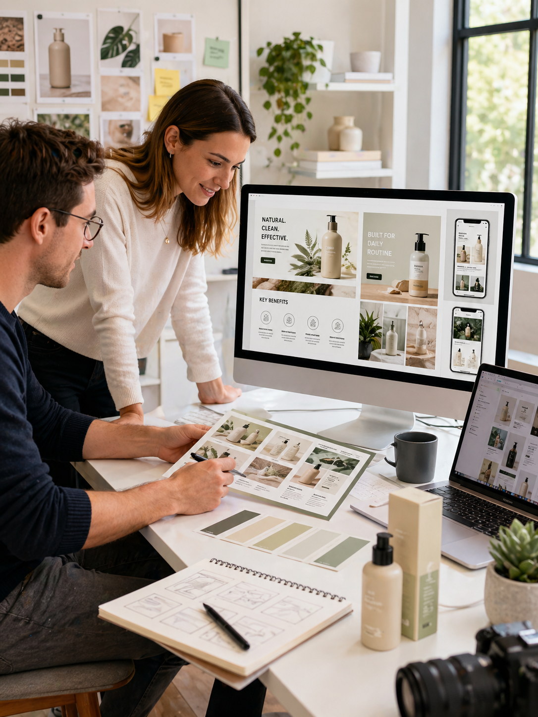 Designers reviewing ecommerce product visuals, packaging, and listing layouts on screen in a bright studio workspace.