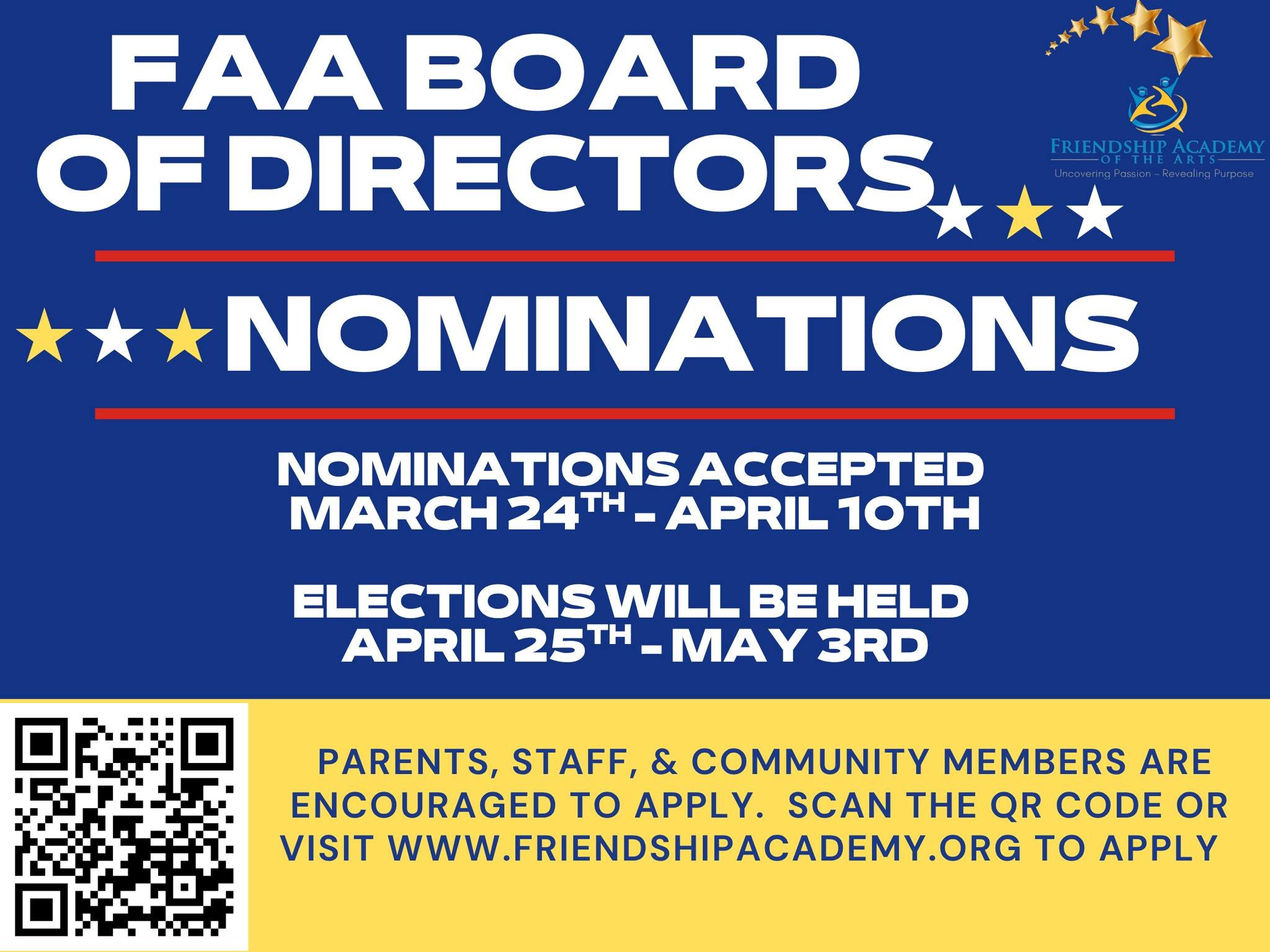 Friendship Academy of the Arts is now accepting Board of Directors nominations!

We invite staff, families, and community members to step up and serve our school community. Help us continue &ldquo;educating the whole child to be confident, competent,