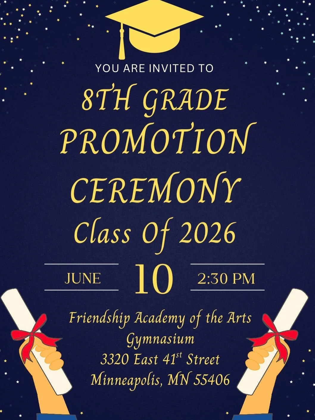 Join us as we celebrate the incredible accomplishments of the Class of 2026 at Friendship Academy of the Arts!

Our 8th grade scholars have worked hard, grown in leadership, and are preparing to take the next step into high school. This special occas