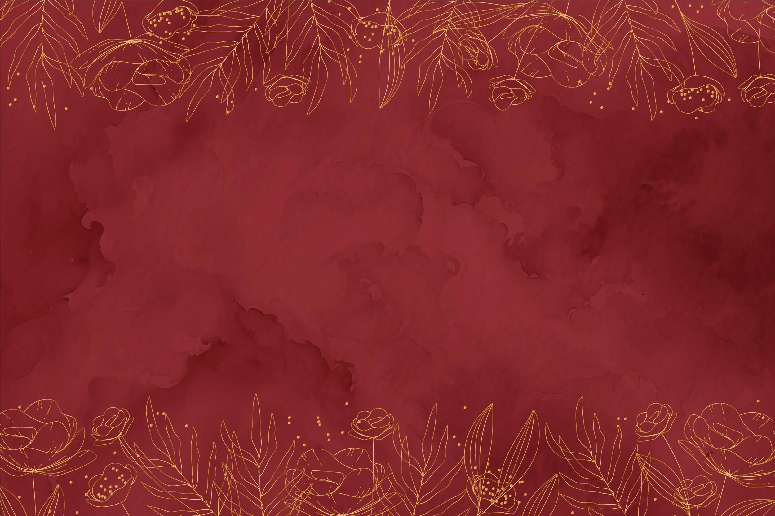 Red background with gold floral line art border at top and bottom.