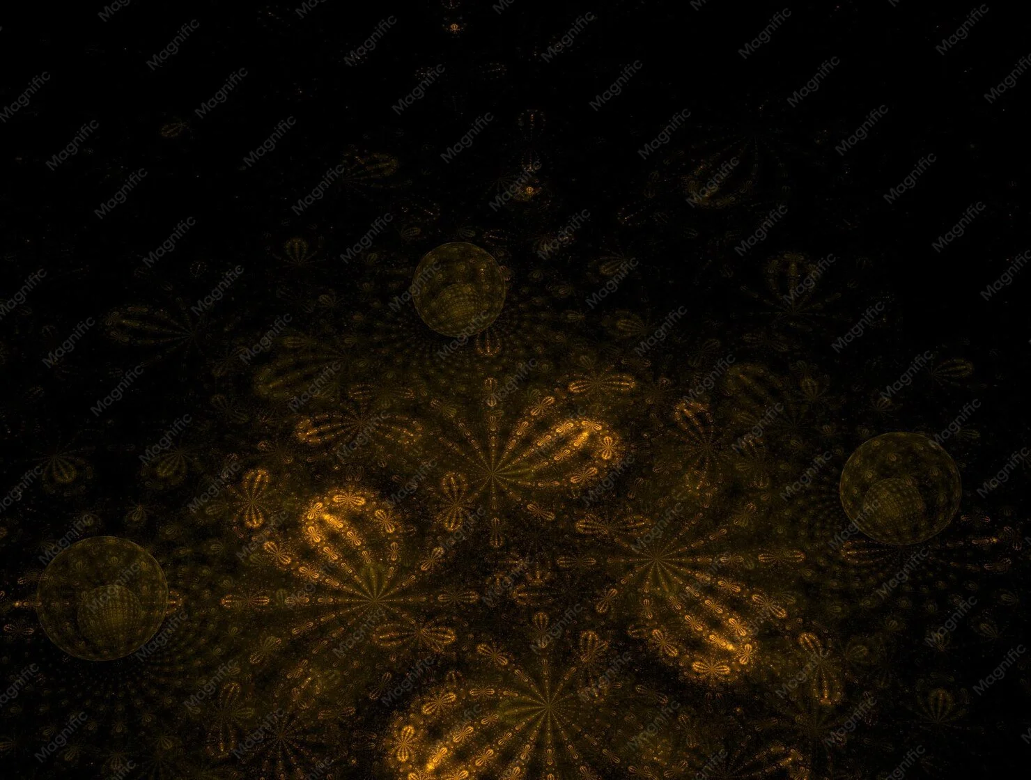 Digital fractal pattern with glowing golden spheres and intricate geometric designs in a dark background.