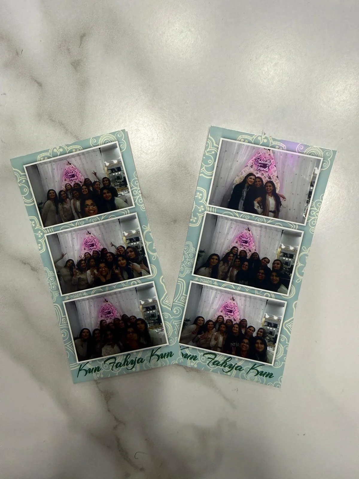 Two photo booth strips featuring groups of women posing together in front of a decorative background with pink neon sign that reads 'Beauty Trends.'
