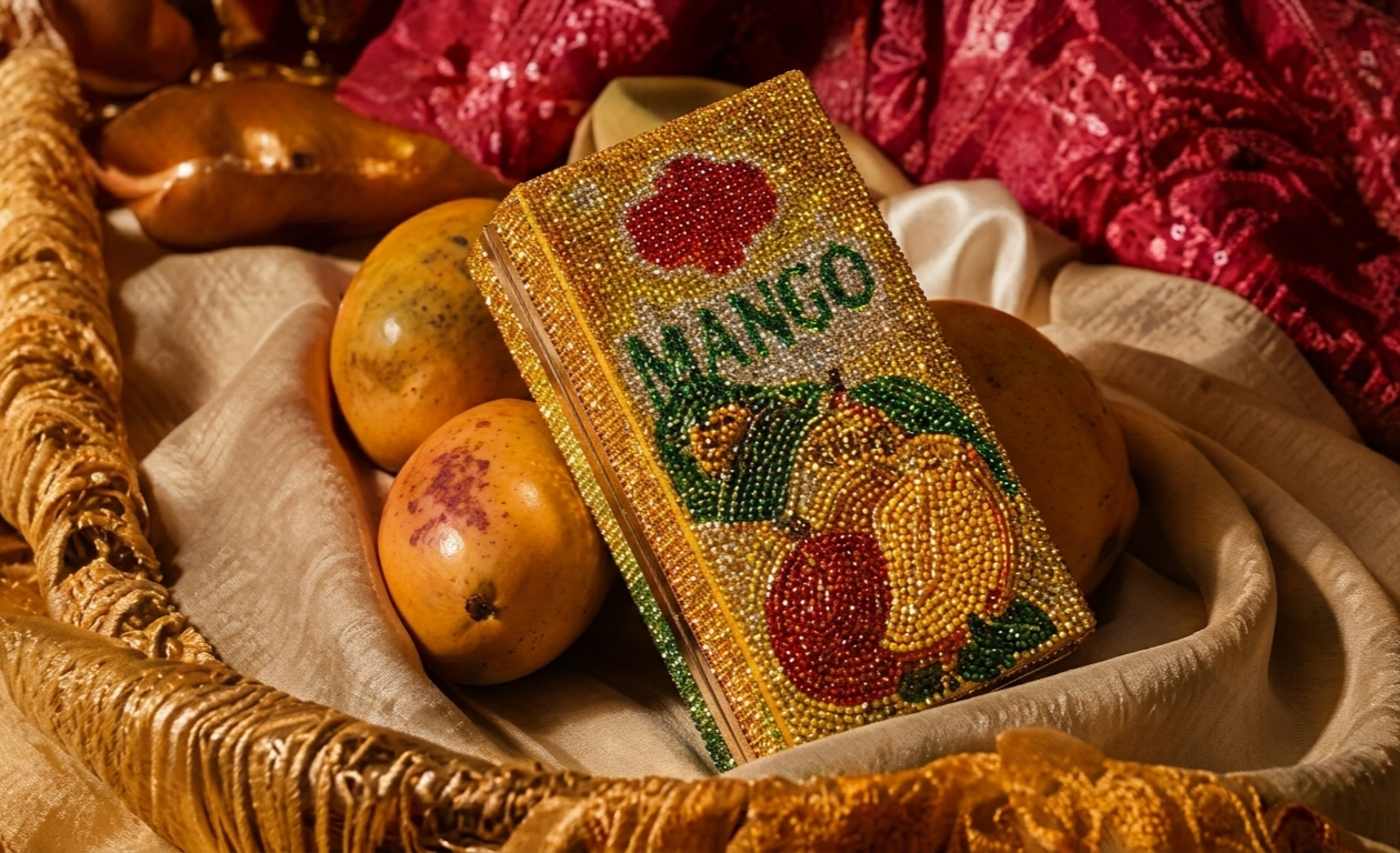 A decorative box with beaded artwork featuring a mango, a peach, and the word 'MANGO' surrounded by red, green, and yellow beads. The box is placed inside a basket with peaches and other fruits, with a fabric-lined interior and a person wearing a pink and white garment in the background.