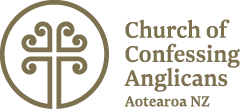 Logo of the Church of Confessing Anglicans Aotearoa NZ, featuring a circular emblem with a stylized cross and knot design.
