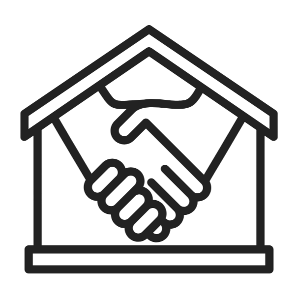 Outline of a house with two hands shaking inside, representing a home or real estate agreement.