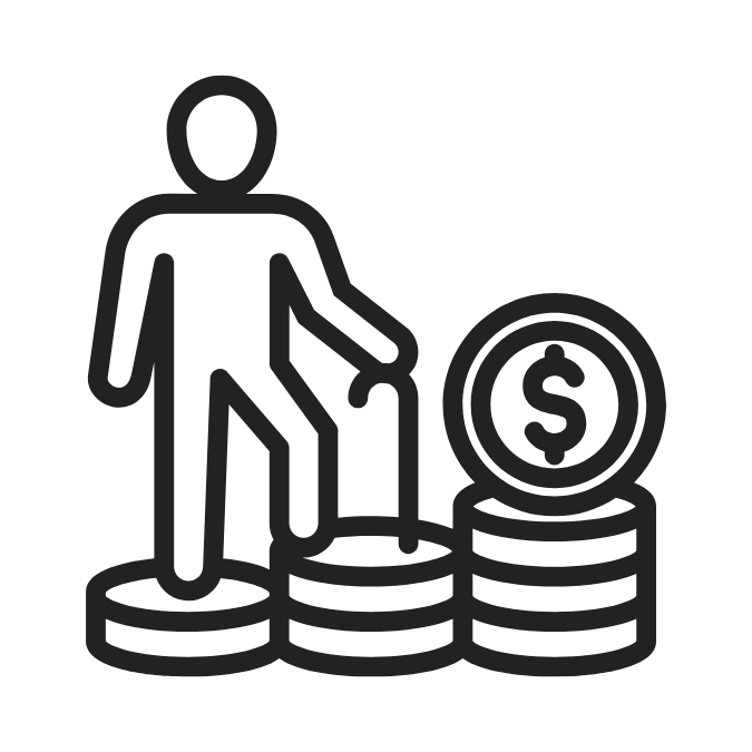 Outline of a person walking on a stack of coins with dollar signs, representing financial or economic concept.