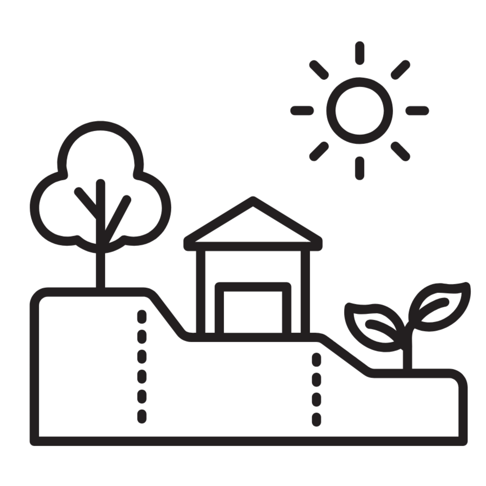 Simple line drawing of a house on a hill with a tree and a plant nearby, under a sun.