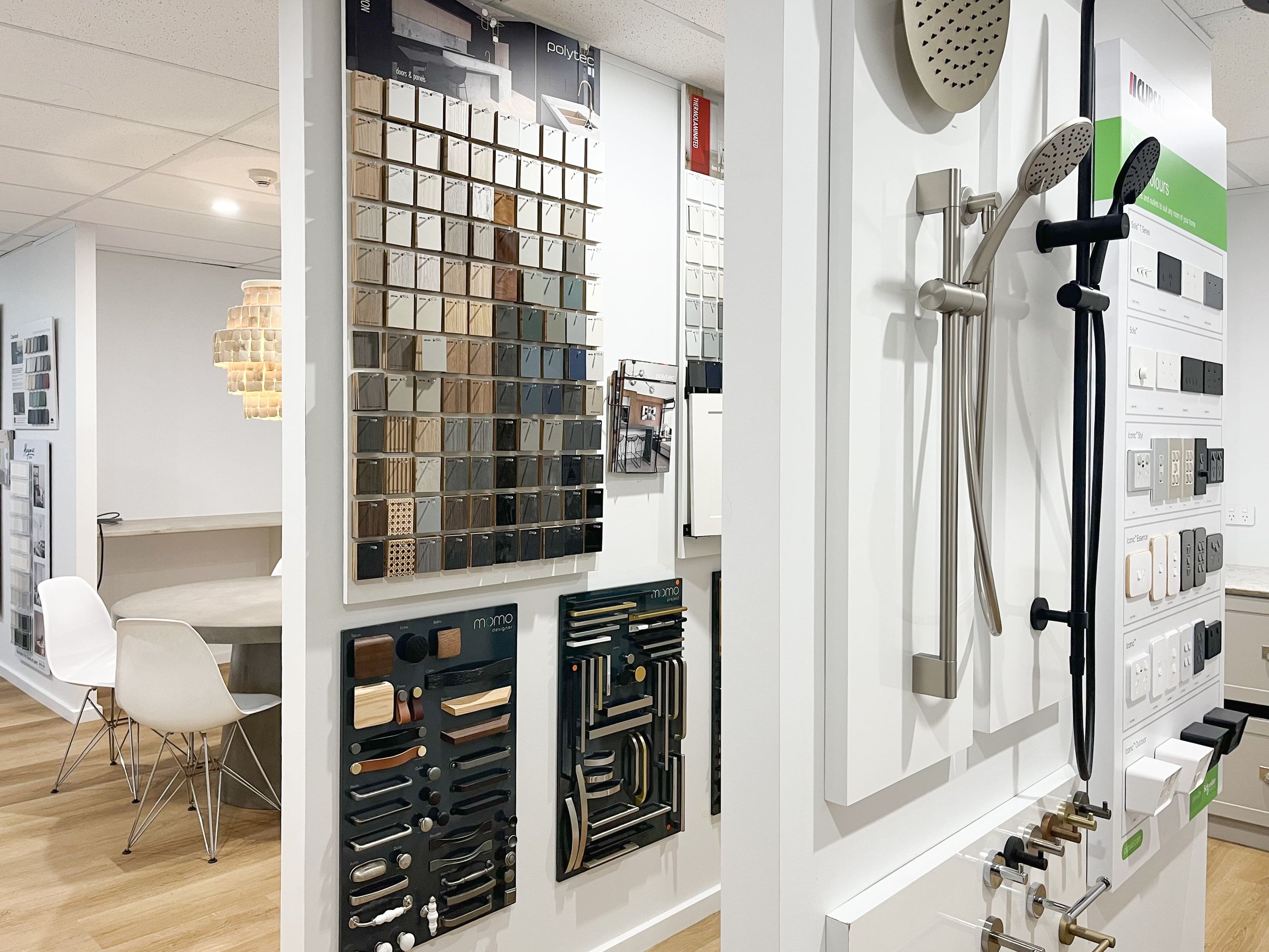 Sample house material and finishes displayed in a selections room