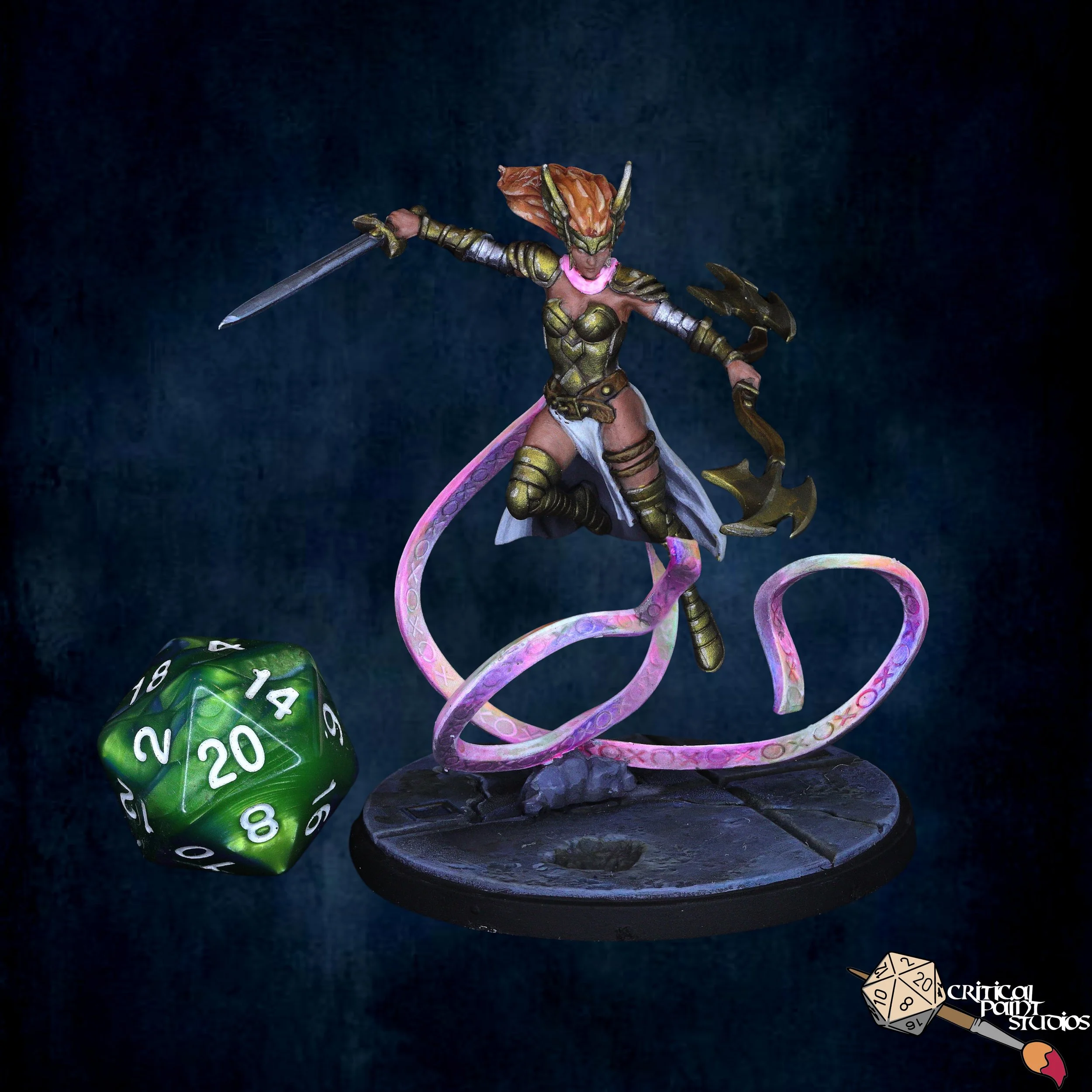Miniature fantasy warrior figure with armor, holding weapons, surrounded by a pink tentacle, a green twenty-sided die, and a small logo in the bottom right corner.