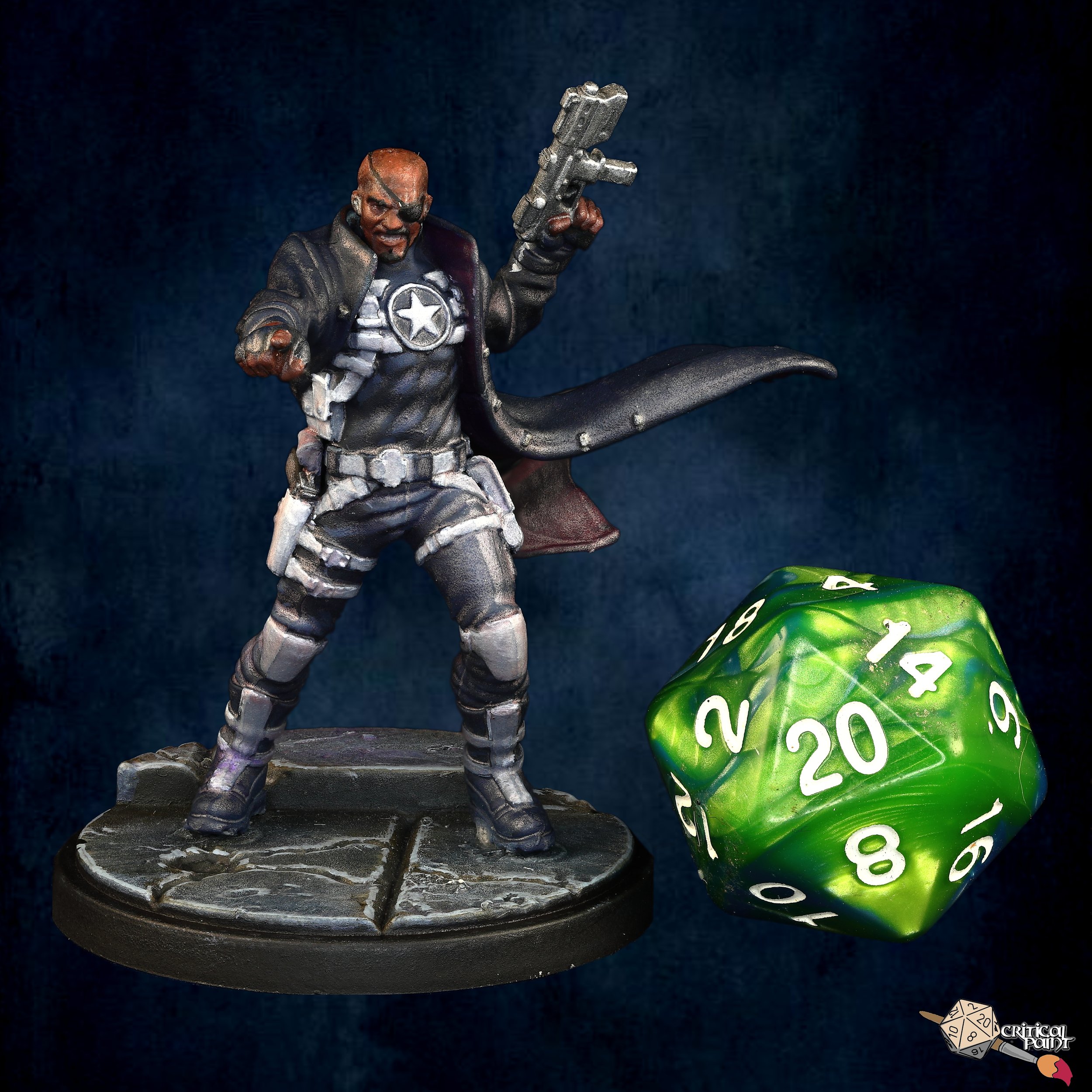 A miniature action figure of a man with an eyepatch, dressed in a military-style outfit, holding a gun, standing on a round base. Partially visible green multi-sided die and a logo with a d20 die and the words 'Critical Point' are at the bottom right.
