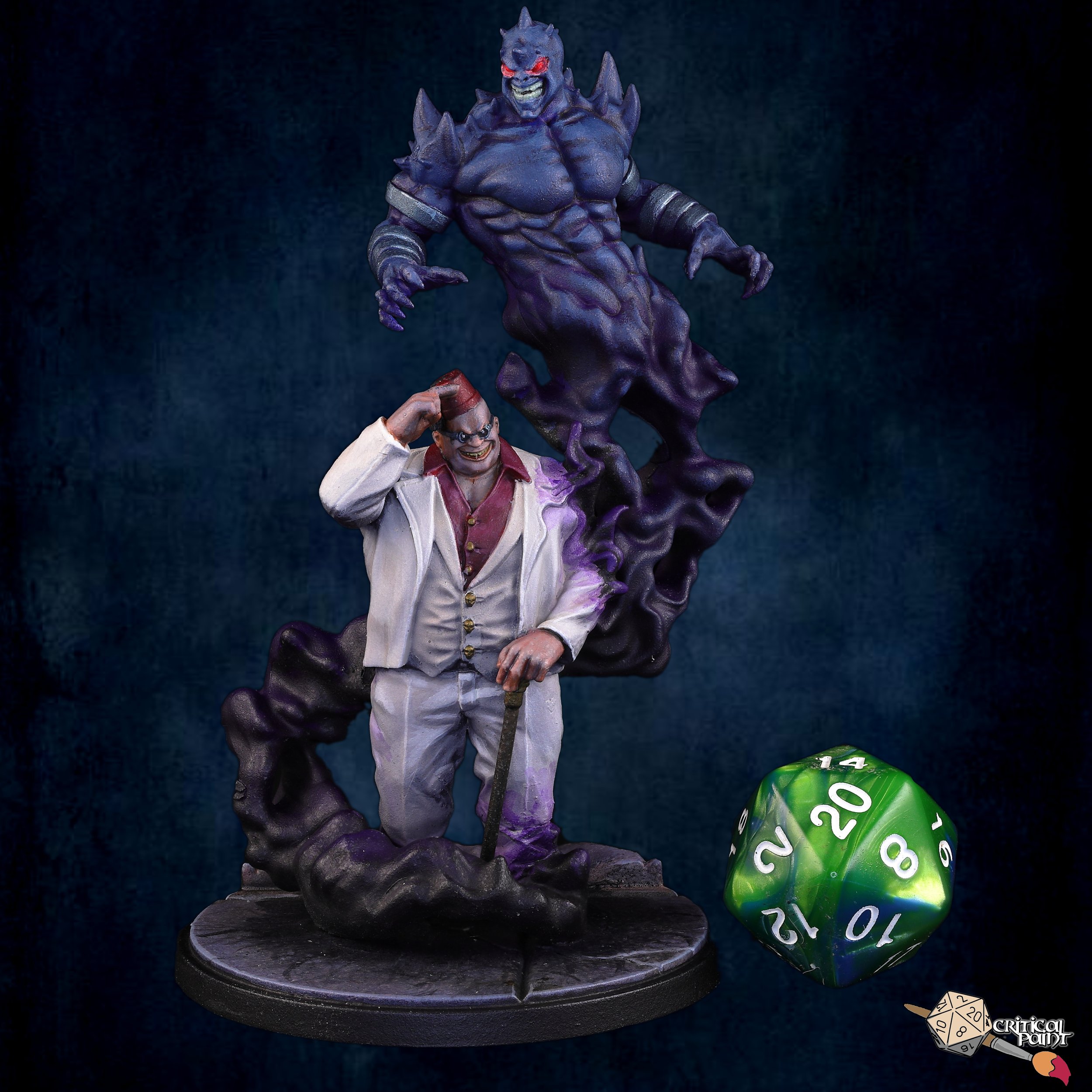 A figurine of a muscular, purple demon-like creature with red eyes, spiked shoulders, and sharp claws, standing on a round base. There are two green dice with white numbers in the foreground, and a small logo that says 'Critical Point' in the bottom right corner.