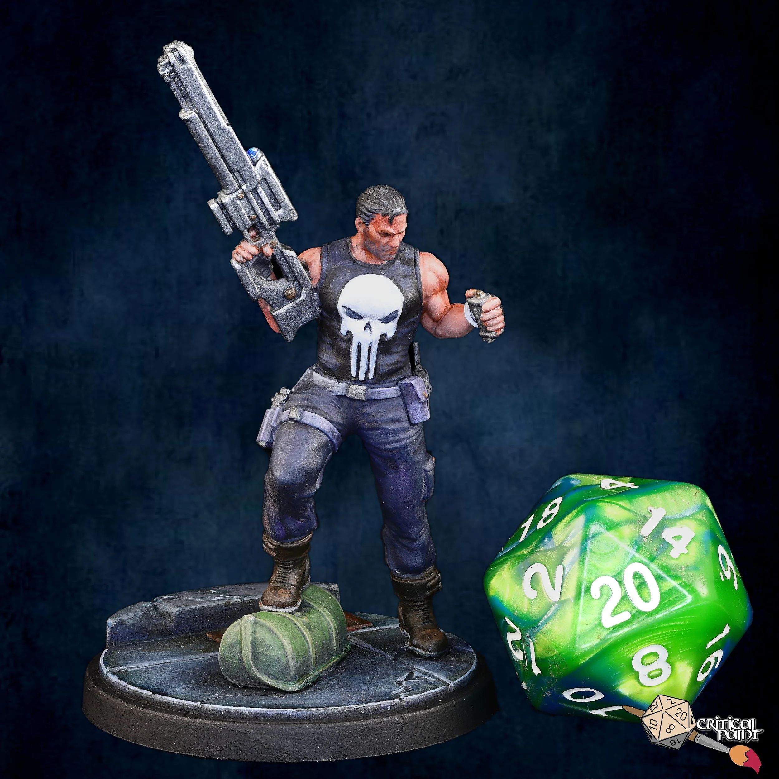 A figurine of a soldier holding a gun, wearing a tank top with a skull symbol. The figure stands on a circular base with a couple of small green watermelons and is set against a dark background. A colorful die and a small logo in the corner are also visible.