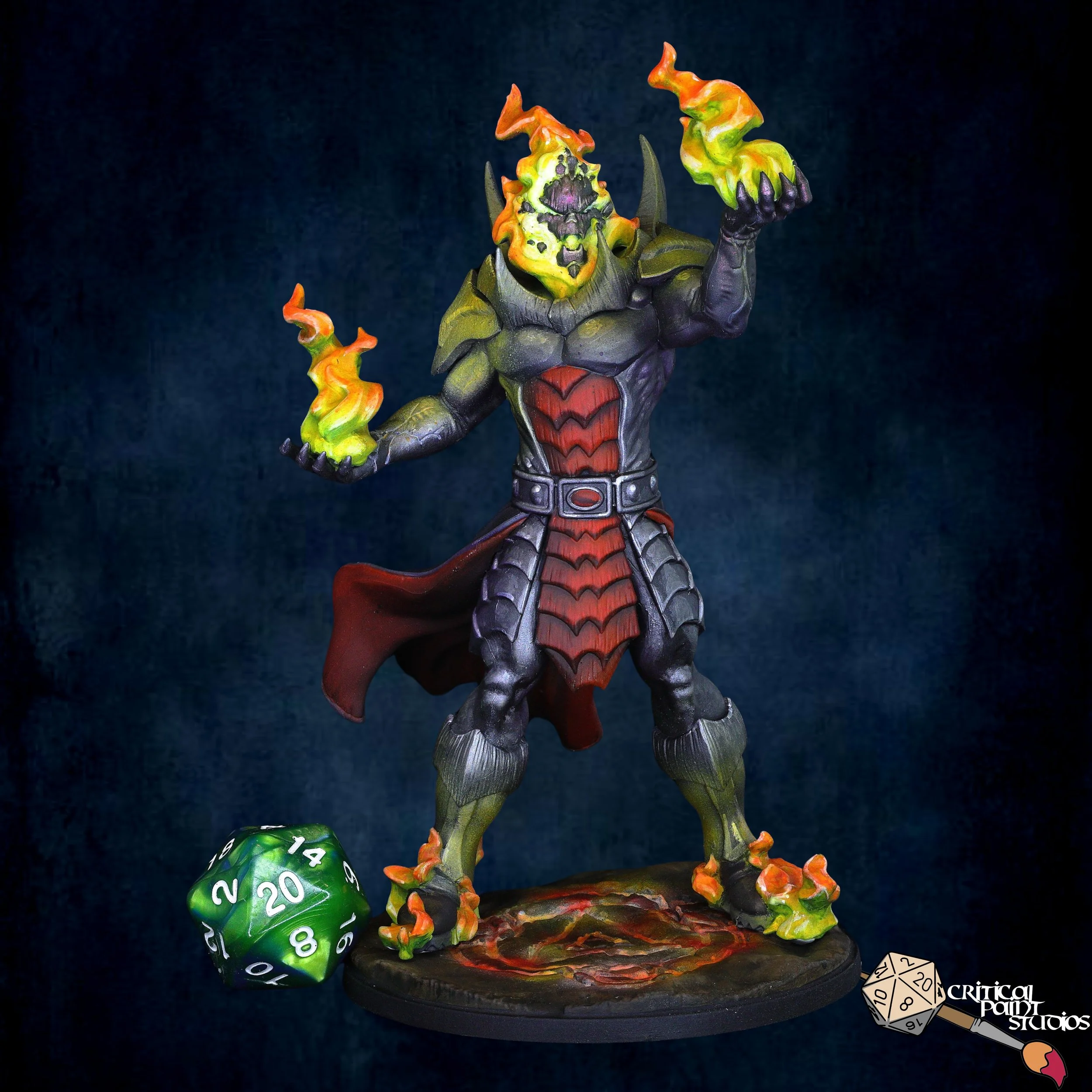 A tabletop gaming scene featuring a colorful monster figurine with flames in its hands, a green 20-sided die partially visible, and a black and white logo of a critical hit symbol in the bottom right corner.