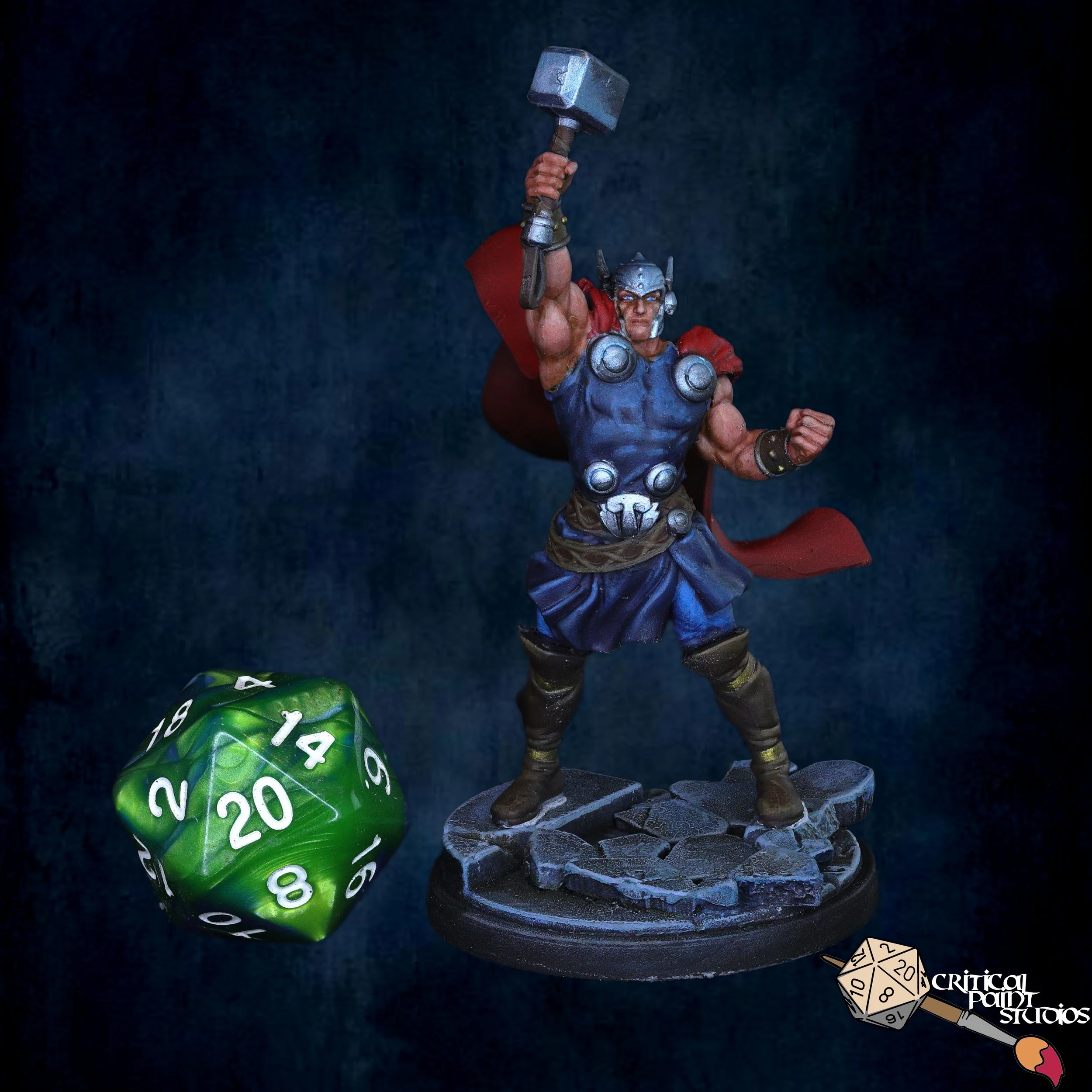 A painted miniature warrior figure holding a hammer, a green multi-sided dice with white numbers, and a white and black twenty-sided die with the logo 'Critical Point Studios' on it, all placed on a dark textured surface.