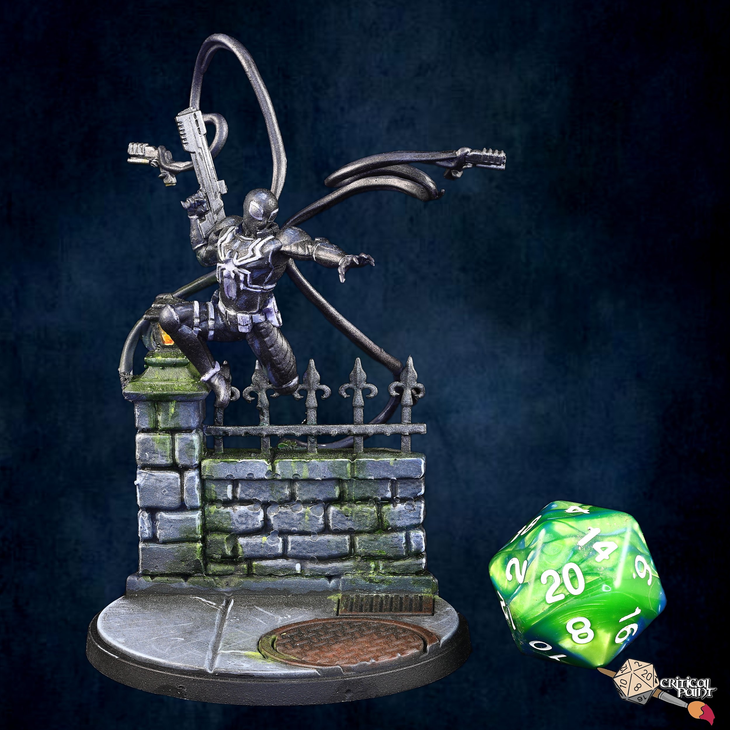 Silver mechanical spider figurine with detailed legs and body, positioned on a black surface, with a green 20-sided die and a white circular object nearby, against a dark background.